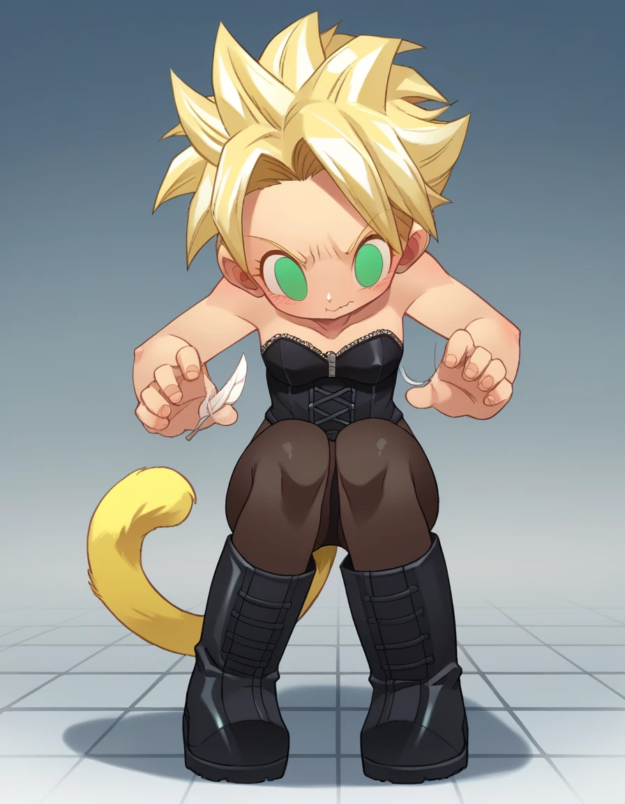 zPDXL, score_9, score_8_up, score_7_up, source_anime,
1girl, solo, wavy mouth, (heads_together), dominatrix wearing Vinyl bustier with lace trim, vinyl leggings with mesh panels, vinyl choker with padlock, vinyl knee-high boots, feather tickler, (pov),
<lora:Bleedman_v2:0.8> bldmn, <lora:Parsleah_v1:0.8> parsleahssj, blonde hair, spiked hair, super saiyan, green eyes, no pupils, (monkey tail, yellow tail), small breasts,