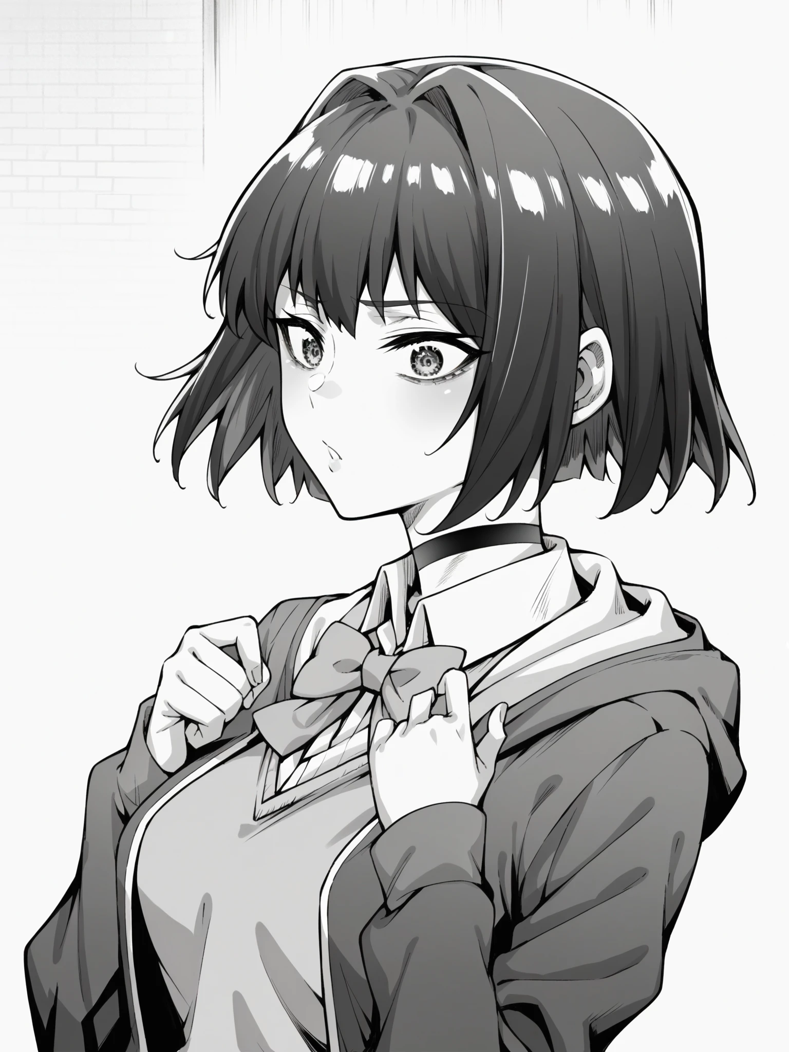 score_9, score_8_up, score_7_up, score_6_up, source_anime, anime screenshot, anime screencap, 2d,
1girl, solo, upper body,
greyscale, monochrome,
<lora:Tachibana_Yuu:1> Yuu_chanV1, medium hair, detailed eyes, black hair, 1girl, solo, skirt, shirt, bow, school uniform, jacket, choker, collared shirt, hood, miniskirt, bowtie, plaid, hoodie, black choker, plaid skirt, sweater vest, white socks, brown loafers