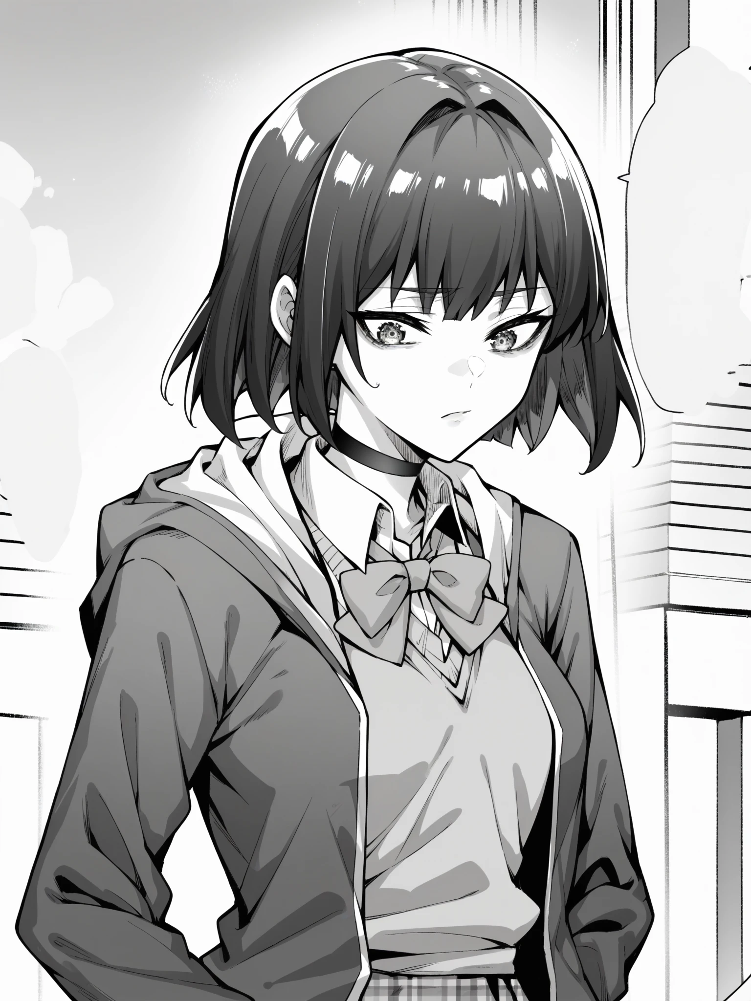 score_9, score_8_up, score_7_up, score_6_up, source_anime, anime screenshot, anime screencap, 2d,
1girl, solo, upper body, 
greyscale, monochrome,
 <lora:Tachibana_Yuu:1> Yuu_chanV1, medium hair, detailed eyes, black hair, 1girl, solo, skirt, shirt, bow, school uniform, jacket, choker, collared shirt, hood, miniskirt, bowtie, plaid, hoodie, black choker, plaid skirt, sweater vest, white socks, brown loafers