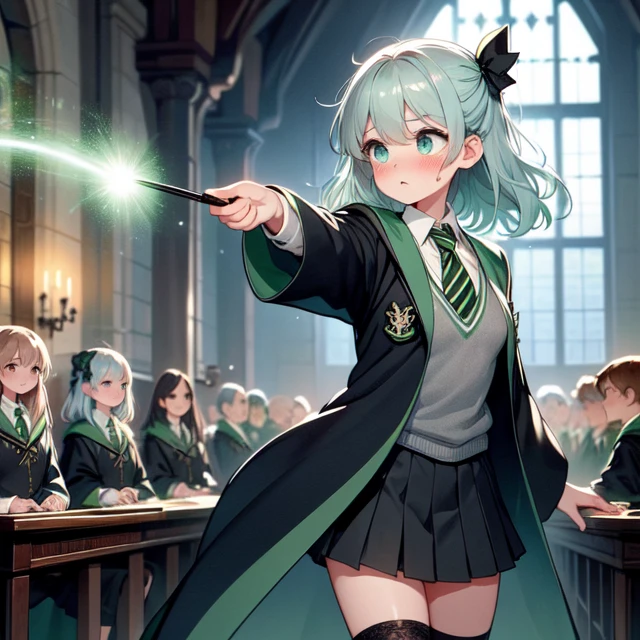 (((masterpiece))), (((best quality))), (((slytherin))), (((avada kedavra))), (((winding current))), ((mint light)), (holding wand), wide sleeves, striped necktie, thighhighs, sweater, skirt, robe, hazy, wind, table, window, candle, aisle, great hall, hogwarts school uniform, multiple girls, silver hair, cleavage, big tits, shy, blush, slim figure, <lora:girllikeslytherin:0.9>