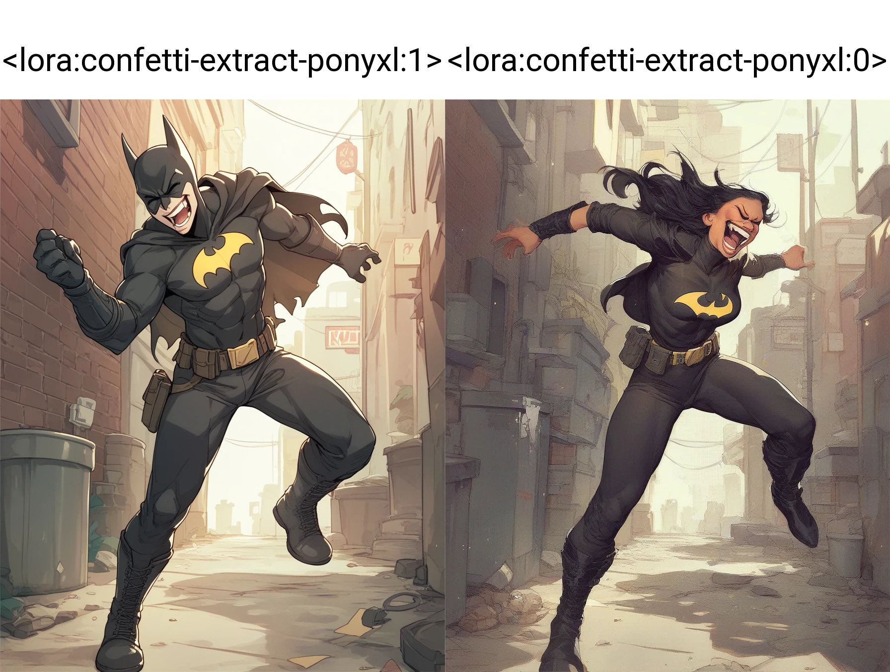 score_9, score_8_up, score_7_up, source_cartoon <lora:confetti-extract-ponyxl:1> batman, throwing, alley, angry, laughing, closed eyes, night