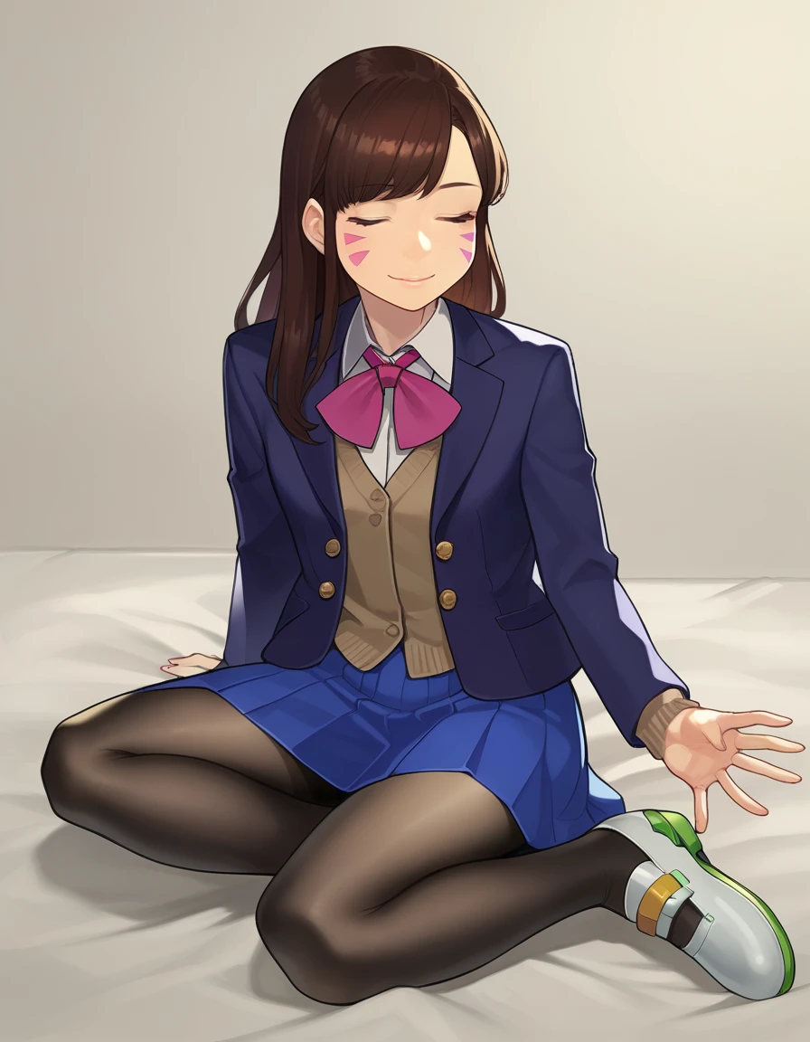 zPDXL, score_9, score_8_up, score_7_up, source_anime, 1girl, solo, (portrait),
<lora:Yomu_v1:1> y0mu, D.Va, brown hair, long hair, (closed eyes:1.2), smile, twisted torso, blazer, tailored-skirt, oxford-shoes, sheer-black-pantyhose,