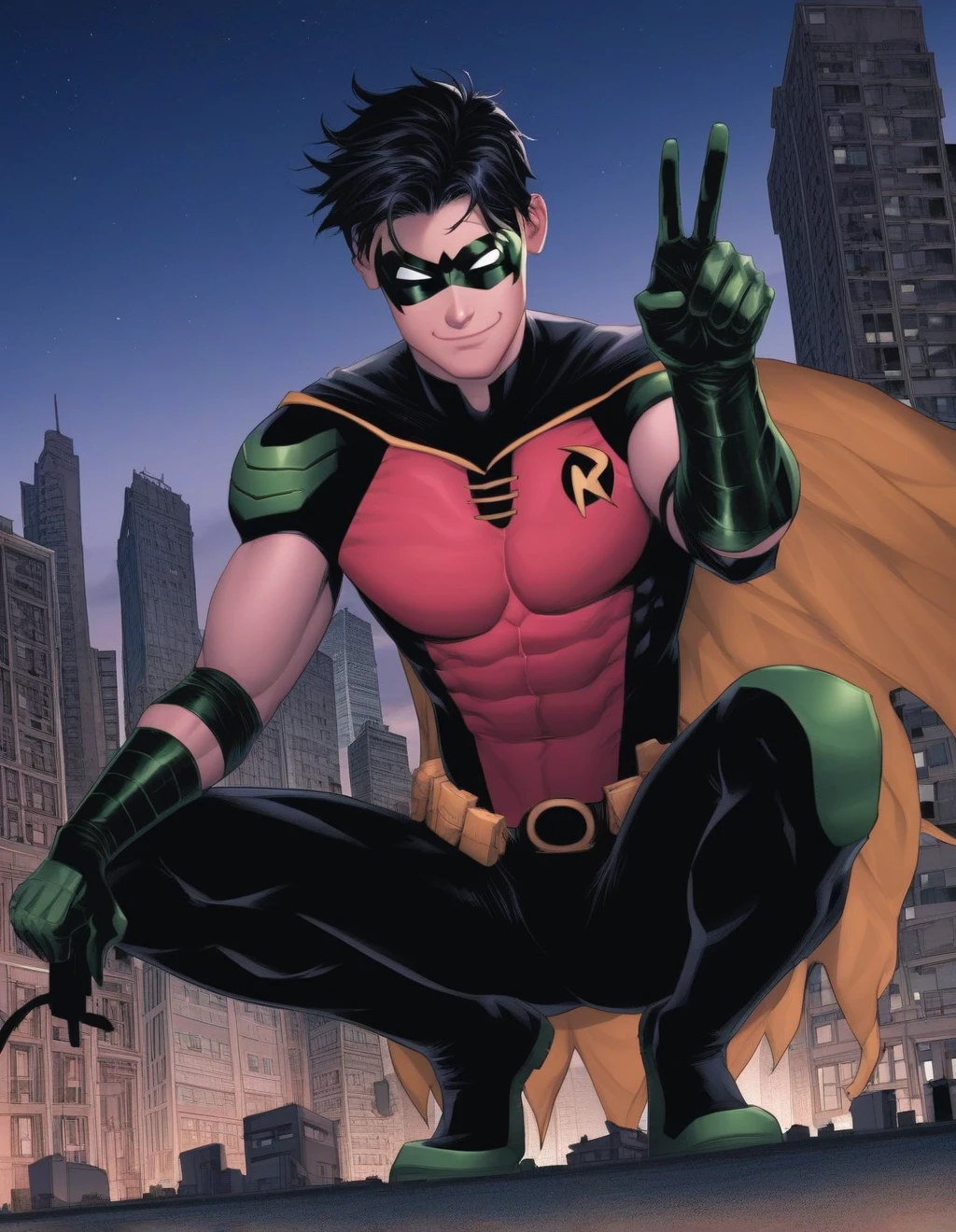 <lora:Tim_Drake:1> score_9, score_8_up, score_7_up, robin, tim drake, solo, smile, short hair, black hair, gloves, 1boy, holding, closed mouth, male focus, outdoors, sky, bodysuit, mask, muscular, night, squatting, pectorals, muscular male, building, city, black bodysuit, superhero, skinny, v, cowboy shot, cape, one hamd peace sign