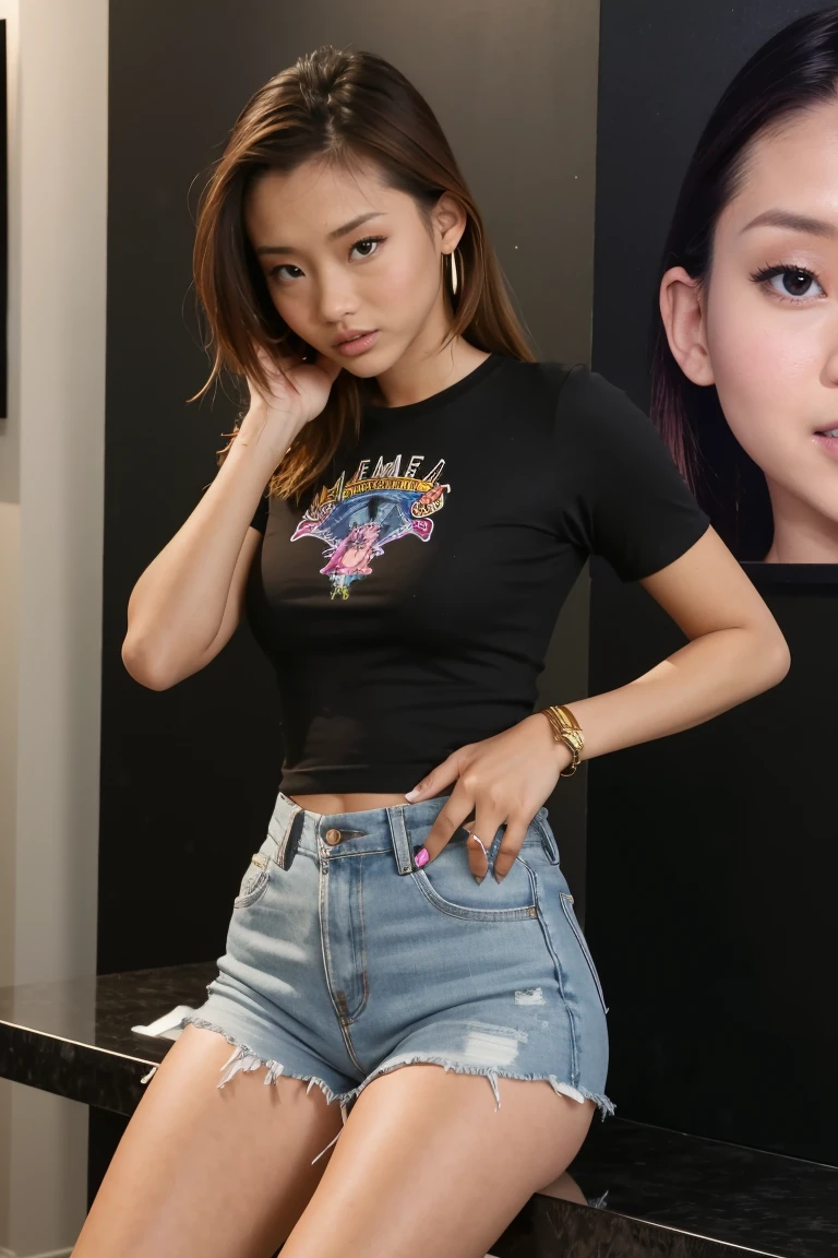 alinali ,a woman wearing Plain t-shirt and shorts, art gallery, <lora:alinali:1>