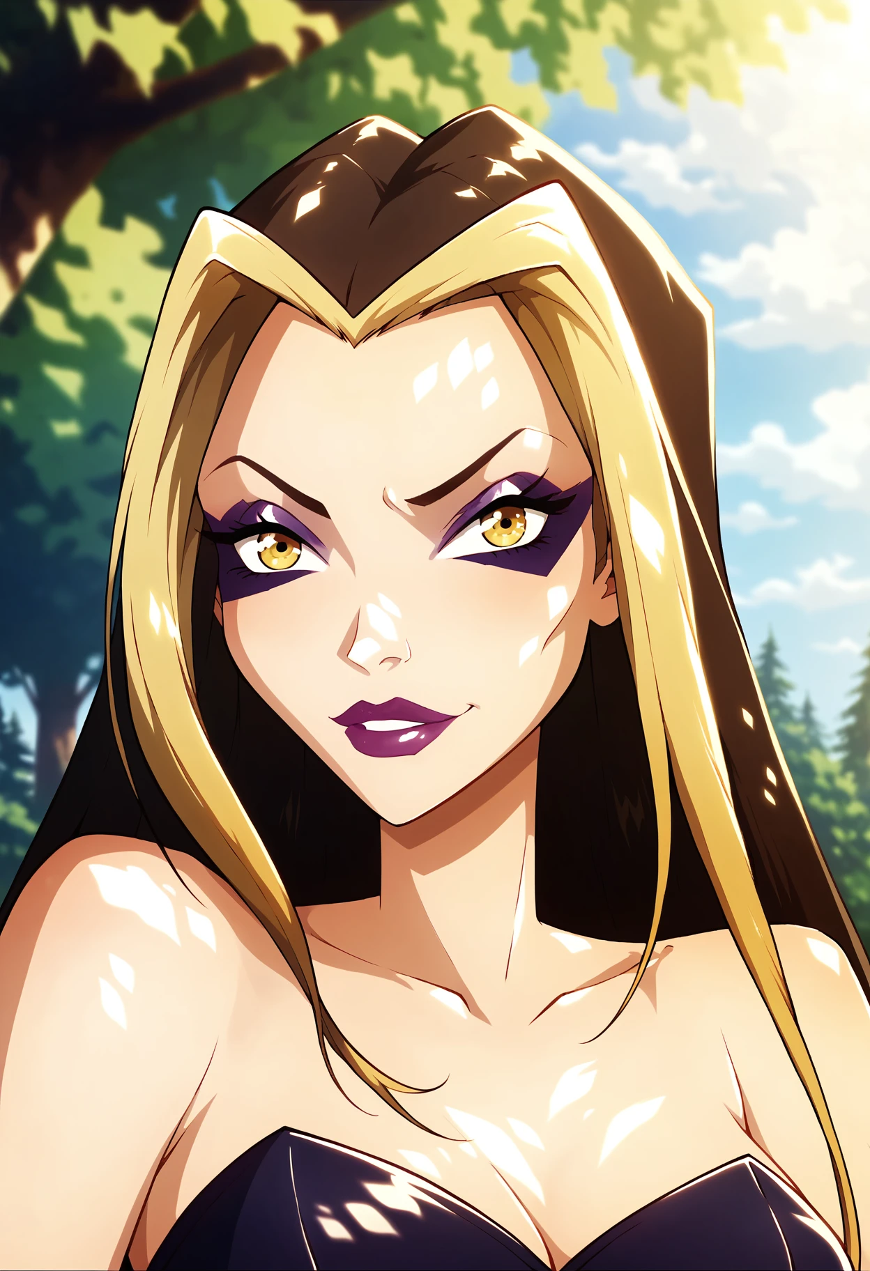 score_9, score_8_up, score_7_up, <lora:d4rc1-000008:1> d4rc1,1girl,solo, looking at viewer,portrait, <lora:MeMaXL_V3:0.7> outdoors, detailed, dappled sunlight, clouds,forest