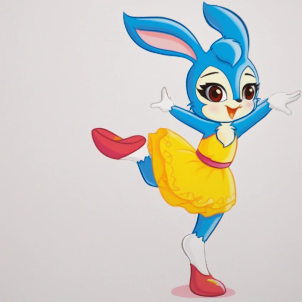 solo,animal ears,open mouth,rabbit ears,smile,furry,happy,1girl,standing on one leg,full body,brown eyes,blush,gloves,outstretched arms,red eyes,white gloves,furry female,animal nose,leg up,rabbit girl,blue fur,blue hair,tail,flat chest,body fur,spread arms,<lora:lantupony:0.8>,
