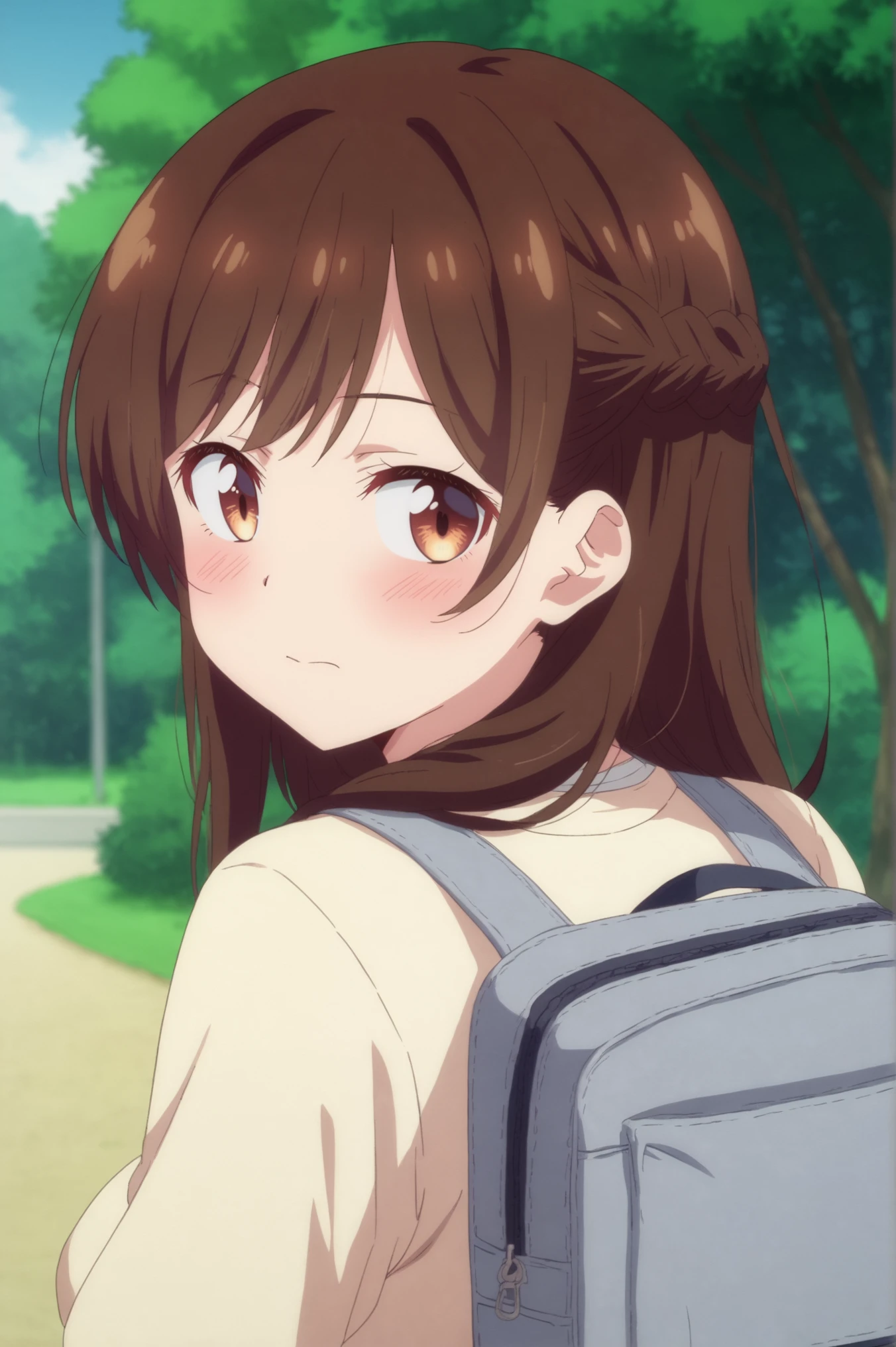 <lora:Chizuru_Ichinose:0.7> chizuru ichinose, 1girl, solo, long hair, looking at viewer, blush, closed mouth, upper body, braid, outdoors, looking back, bag, blurry, tree, blurry background, backpack <lora:sdxl_lightning_4step_lora:1>,