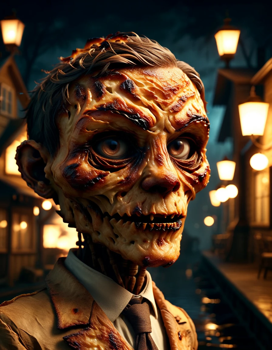 made of ral-roasted, Terrifying, anthropomorphic with a face, at Nighttime, Surprising, short lighting, Technicolor, <lora:ral-roasted-sdxl:0.8>, inspired, fantastic aesthetic, enchanted, dynamic, stunning detail, illustrious quality, intense, cinematic atmosphere, extremely rich detail, dynamic background, quality, positive emotional
