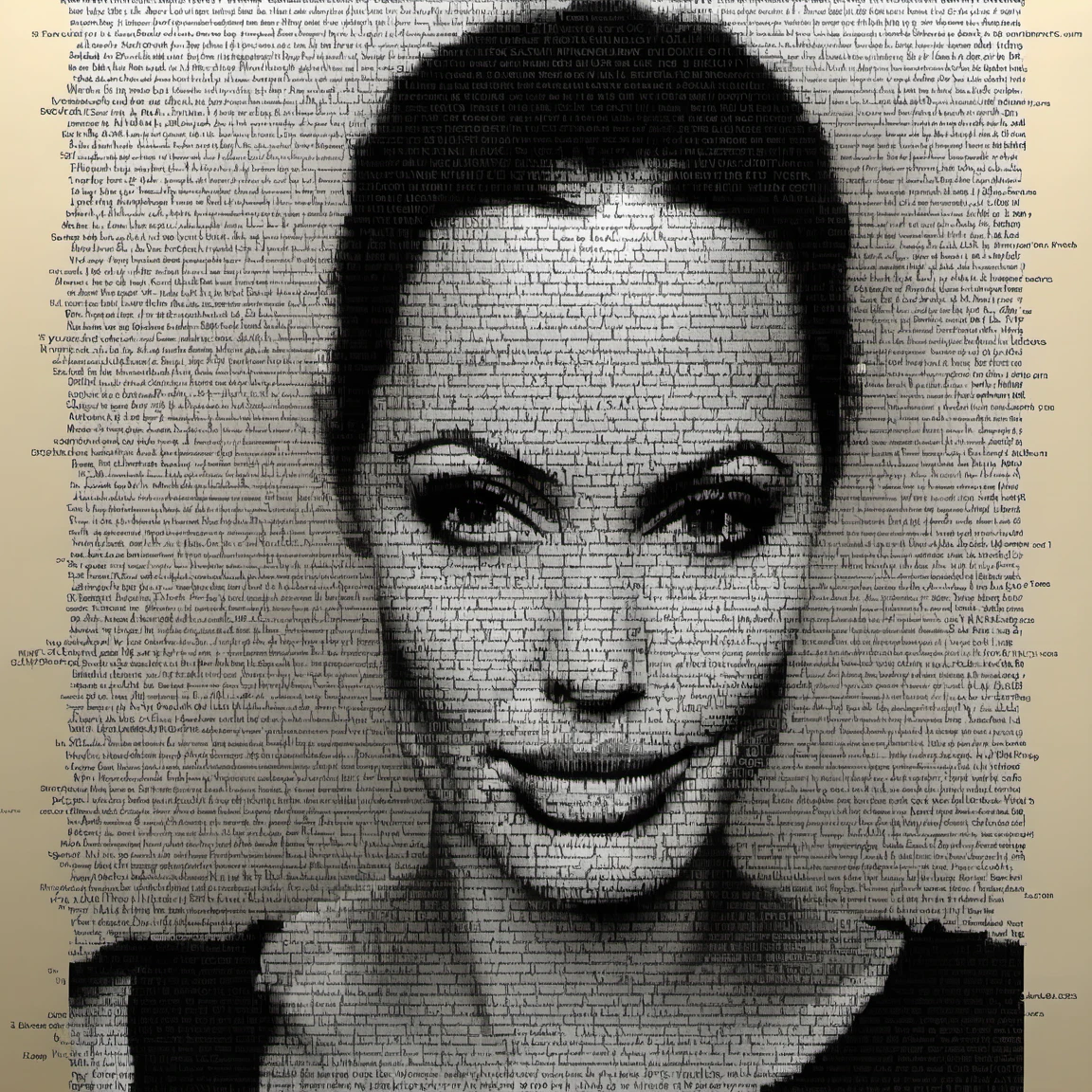 typography_art,angelina jolie, monochrome, greyscale, english text, wall of text, page focus <lora:Typography_art:1>