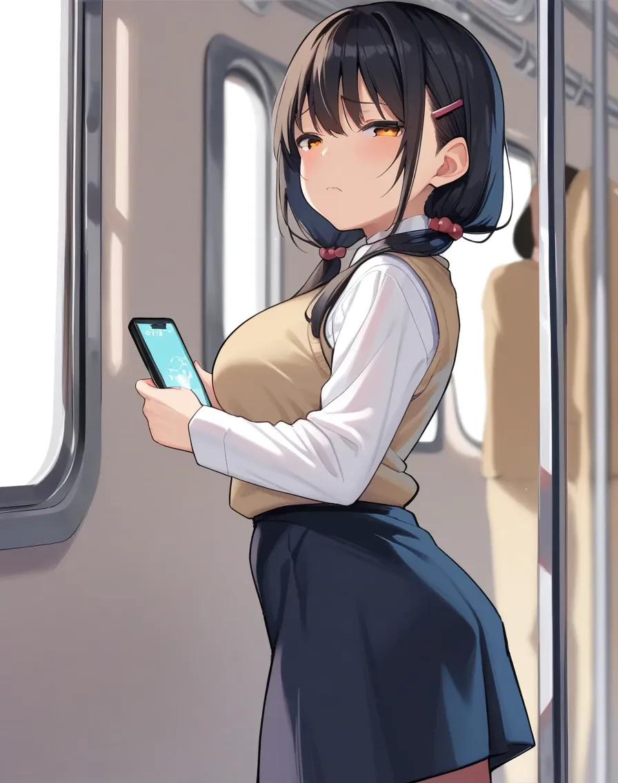 score_9, score_8_up, score_7_up, score_6_up, 1girl, standing, from side, train interior, twintails, phone, black hair, socks, holding phone, shirt, cellphone, smartphone, white shirt, low twintails, looking at viewer, white socks, long sleeves, orange eyes, short twintails, yellow eyes, long hair, oral, hair ornament, closed mouth, sweater vest, black skirt, large breasts, half-closed eyes, light frown,
, <lora:arumamai_ayuka_plus_style_pony6_v1:.8>