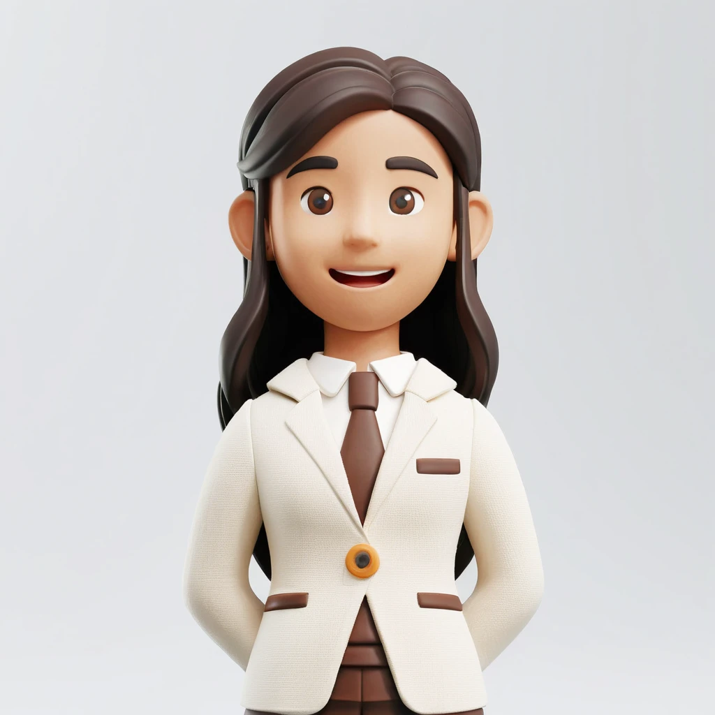 clay style,1girl,solo,long black hair,open mouth,white background,brown eyes,looking at viewer,suit,skirt,pants,smile,brown skin,upper body,3d,<lora:clay style:0.4>,