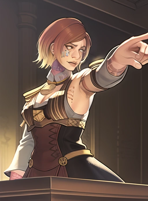 <lora:objection:0.8> (objection), ace attorney, pointing a finger, inside a wooden courtroom,
Gorthova, solo, standing, woman, nude, blushing,
intricated eye, detailed eyes, (yellow eye)
(adult woman with scar, tattoos and makeup), with a lot of (body writing) on her chest and arm,
She have short_hair, ((red hair), gradient hair, yellow colored tips).
short hair, multicolored hair, red hair, yellow hair tips, face writing, facial tattoo, facial stiches, scar on face, stiches, suture, tattoo, body writing, scar
masterpiece,
(wearing a shirt with julliet sleeves), 
<lora:GorthovaV3, an OC made on Dragon's Dogma 2_epoch_11:0.6>