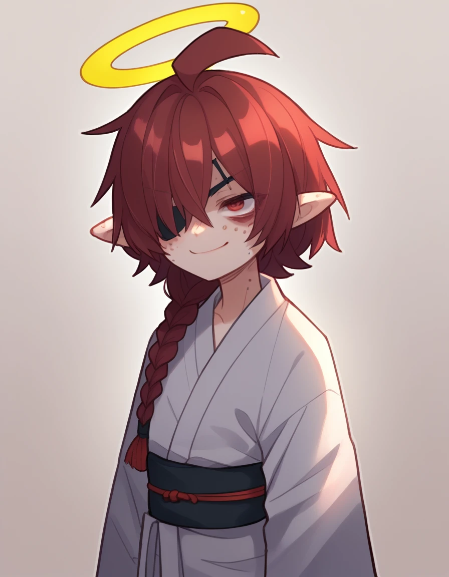 zPDXL, score_9, score_8_up, score_7_up, source_anime,
1girl, solo, <lora:Popoka_v2:1> ppka, smirk, split, geisha wearing a stunning yukata kimono with lightweight cotton and casual design, adorned with playful patterns and youthful colors, elaborate black kuroko eyeliner, silk obi sash with intricate embroidery and tassel fringe, wrapped around the waist and tied in a decorative knot,, <lora:Nullantwins:0.8> Lynn, red hair, red eyes, (hair over one eye), braided ponytail, halo, freckles, bags under eyes, jitome, ahoge, pointed ears, flat chest, eyepatch,