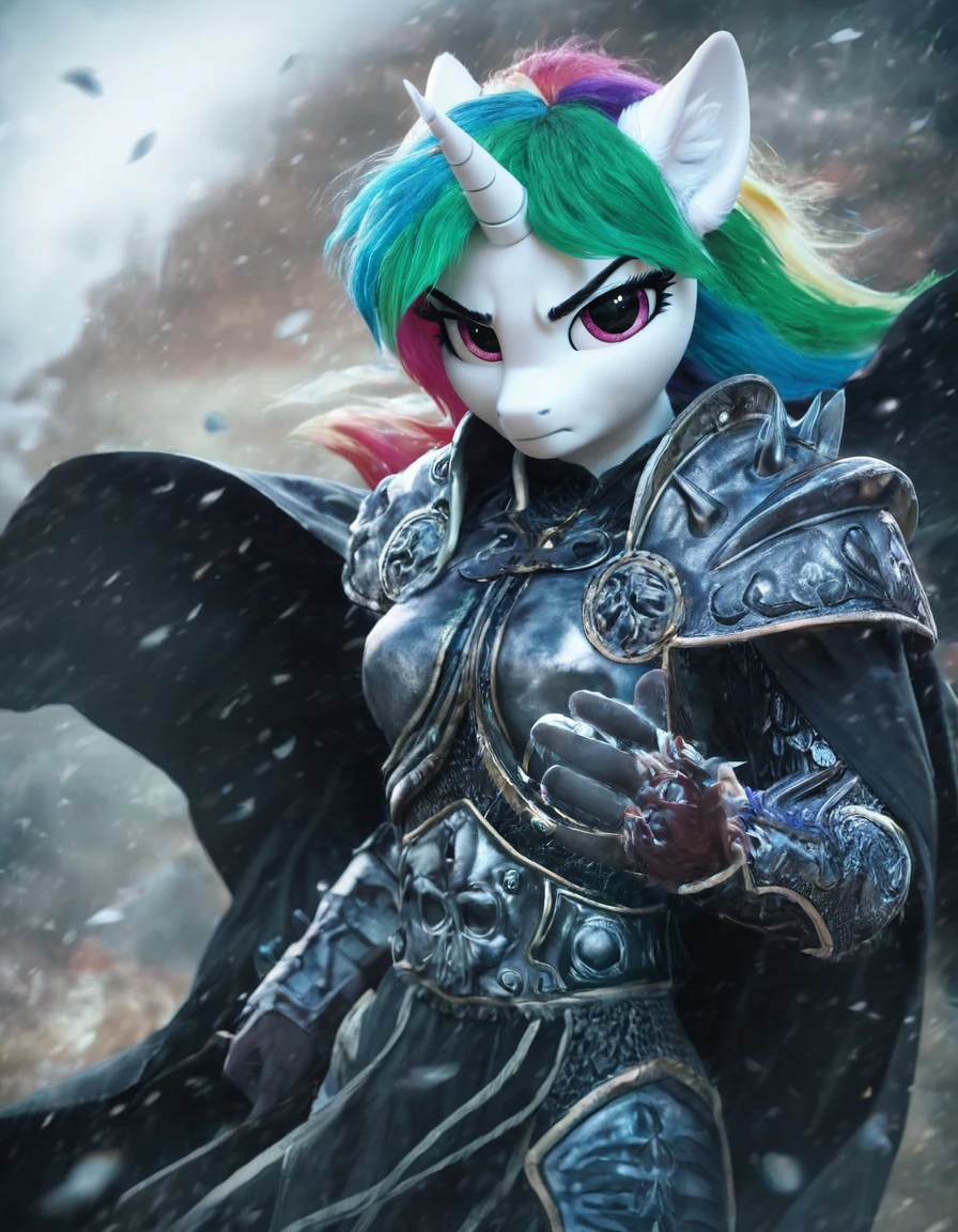 score_9, score_8_up, score_7_up, source_furry, 
female unicorn wearing arth4s armor,  hair, fur, my little pony, gloves, outside, equine, fingers, anthro, green hair, looking at viewer, mammal, shaded, eyelashes, pink eyes, horn, rainbow hair, multicolored hair, eyebrows, hasbro, detailed background, friendship is magic, 5 fingers, white body, iskra, 2021, equid, digital media \(artwork\), 2020, inner ear fluff, solo,looking at viewer, angry, (( wind, epic)), dynamic, motion blur, 
 <lora:arthas:0.9>