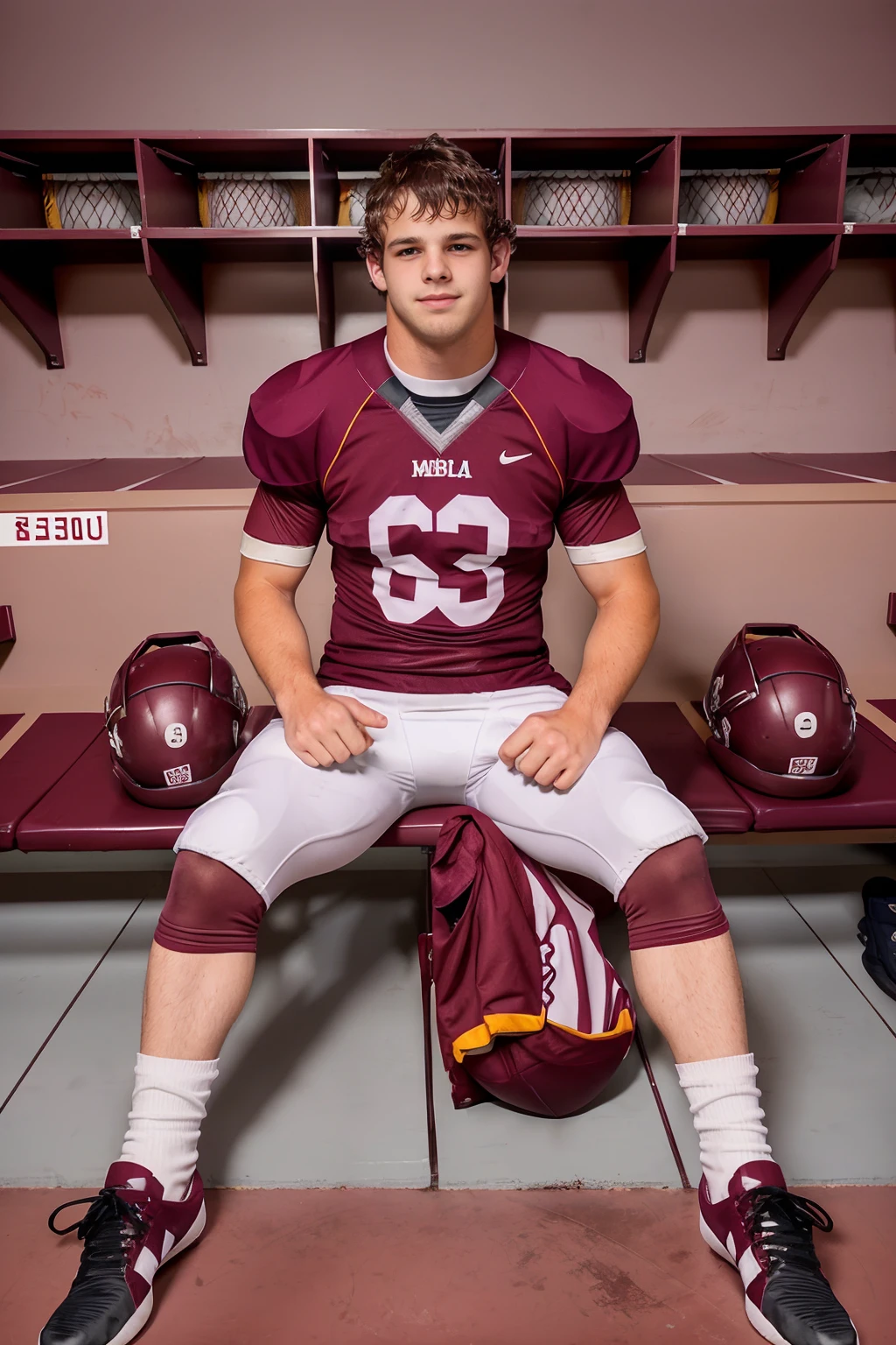 locker room, sitting on a bench, in front of lockers, slightly smiling, CMWyatt is an (American football player), wearing maroon (football uniform:1.3), (maroon jersey:1.3), (maroon shoulder pads), maroon sleeves, (jersey number 80), (white football pants:1.3), (maroon socks:1.3), (black sneakers:1.3), (((full body portrait))), wide angle <lora:CMWyatt:0.8>