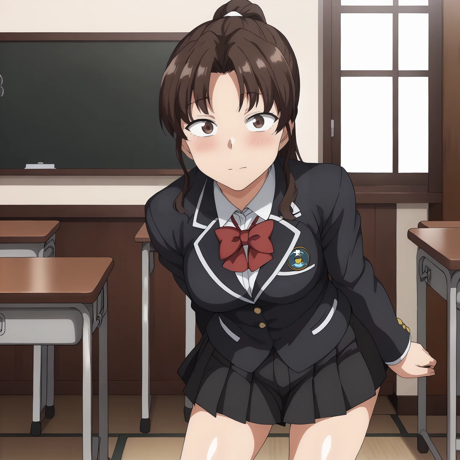 <lora:YuukoKawashimaXLpony002>,
looking at viewer,
solo,
YuukoKawashima,1girl,black brown hair,ponytail,brown eyes,sanpaku,
school_uniform,black blazer,red bowtie,
pleated_skirt,black skirt,