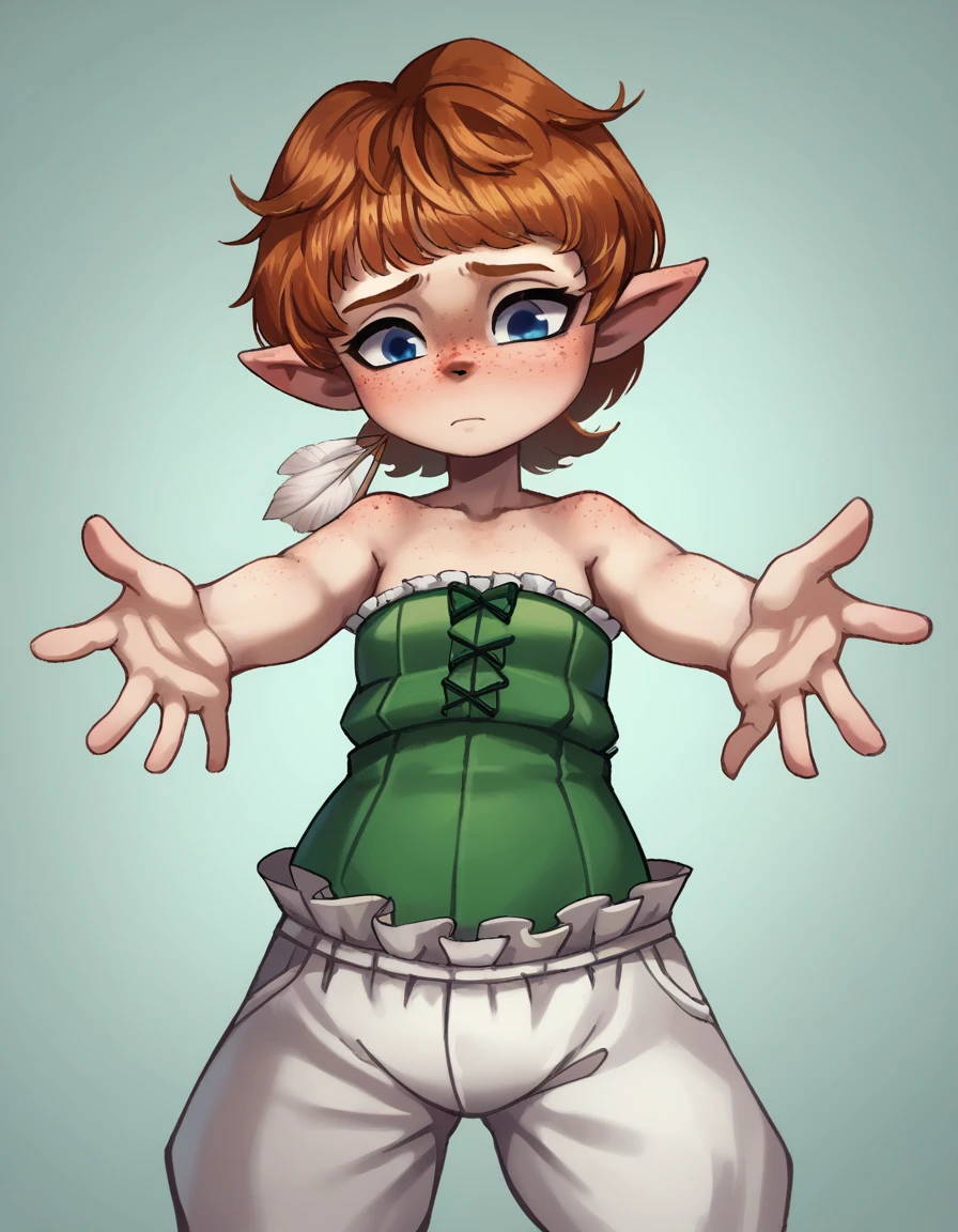 zPDXL, score_9, score_8_up, score_7_up, source_anime,
1girl, solo, <lora:Popipi_v1:0.8> popipi, lalafell, blue eyes, dark nose, freckles, orange hair, short hair, pointy ears,, sad, outstretched_hand, wearing Tasseled buckskin bustier, fringed buckskin pants, feathered headpiece, beaded moccasins with fringe, feather fan, <lora:peargor_v2:1> prgr