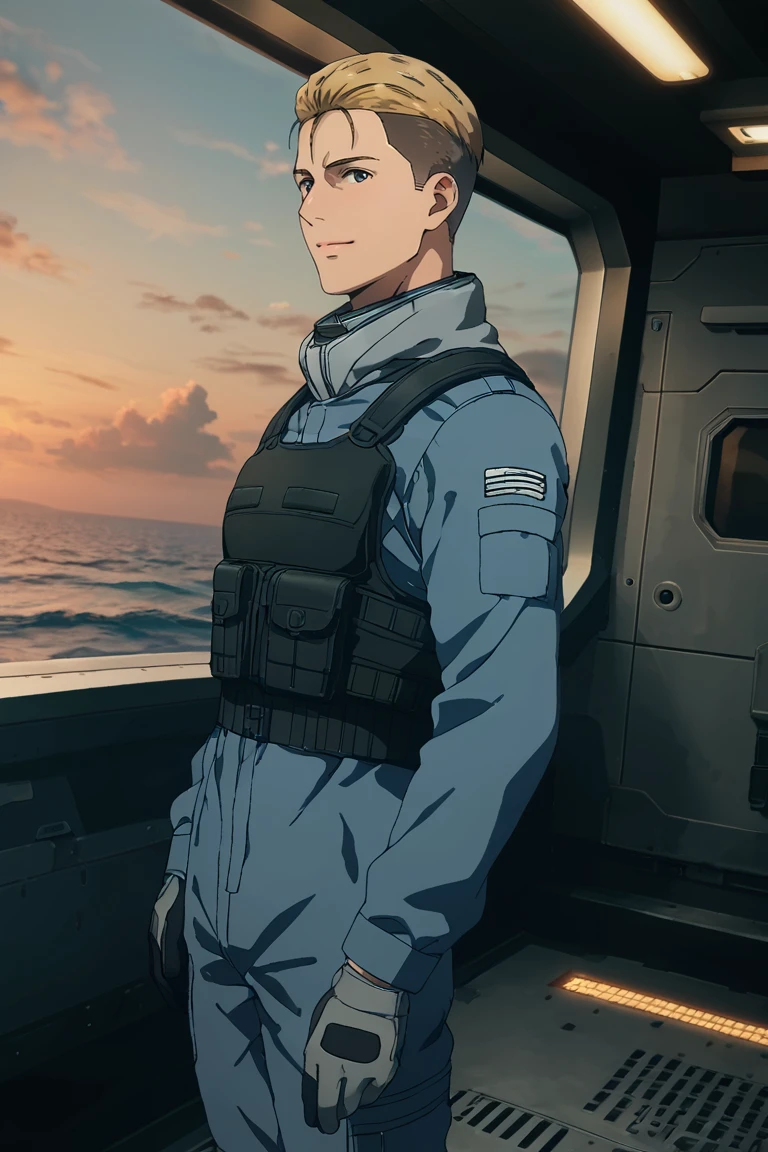 score_9,score_8_up,score_7_up, solo male, Ryoma Arakai \(Brave Bang Bravern\), blond hair, two-tone hair, slicked back hairstyle, undercut, grey eyes, grey pilot jumpsuit, two-tone jumpsuit, black neckguard, black tactical vest, grey tactical gloves, black boots, smile, adult, mature, masculine, tone body, handsome, charming, alluring, standing, upper body, perfect anatomy, perfect proportions, best quality, masterpiece, high_resolution, dutch angle, cowboy shot, on flight deck of aircraft carrier, ocean, blue sky, outdoor<lora:EMS-392012-EMS:0.800000>