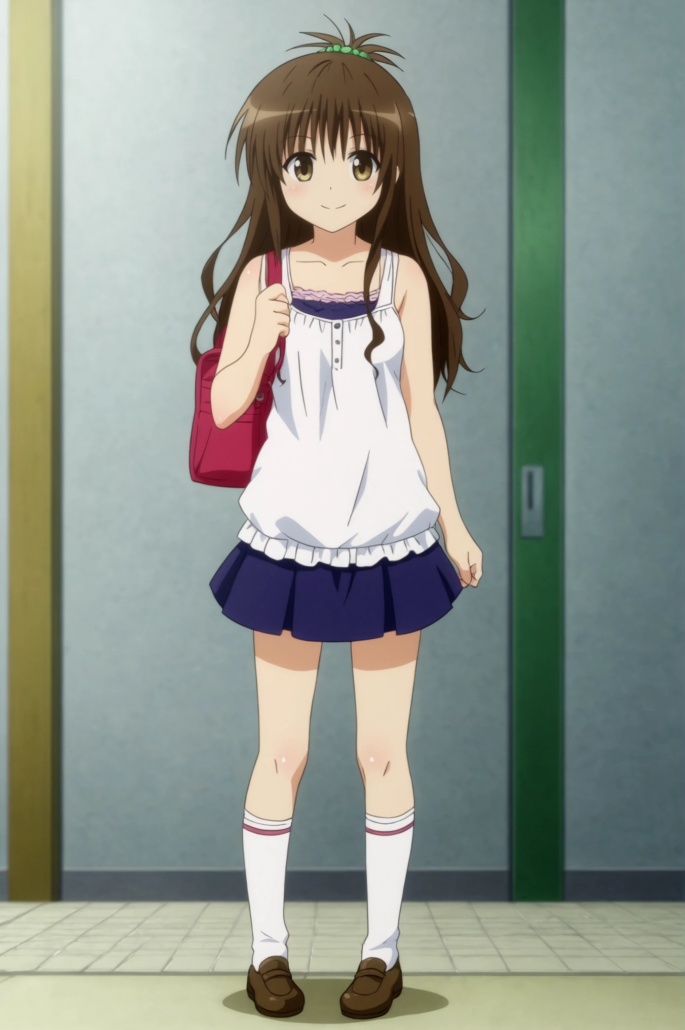 <lora:Mikan_Yuuki:0.7>, Mikan Yuuki, 1girl, solo, smile, skirt, shoes, socks, bag, casual, <lora:sdxl_lightning_4step_lora:1>