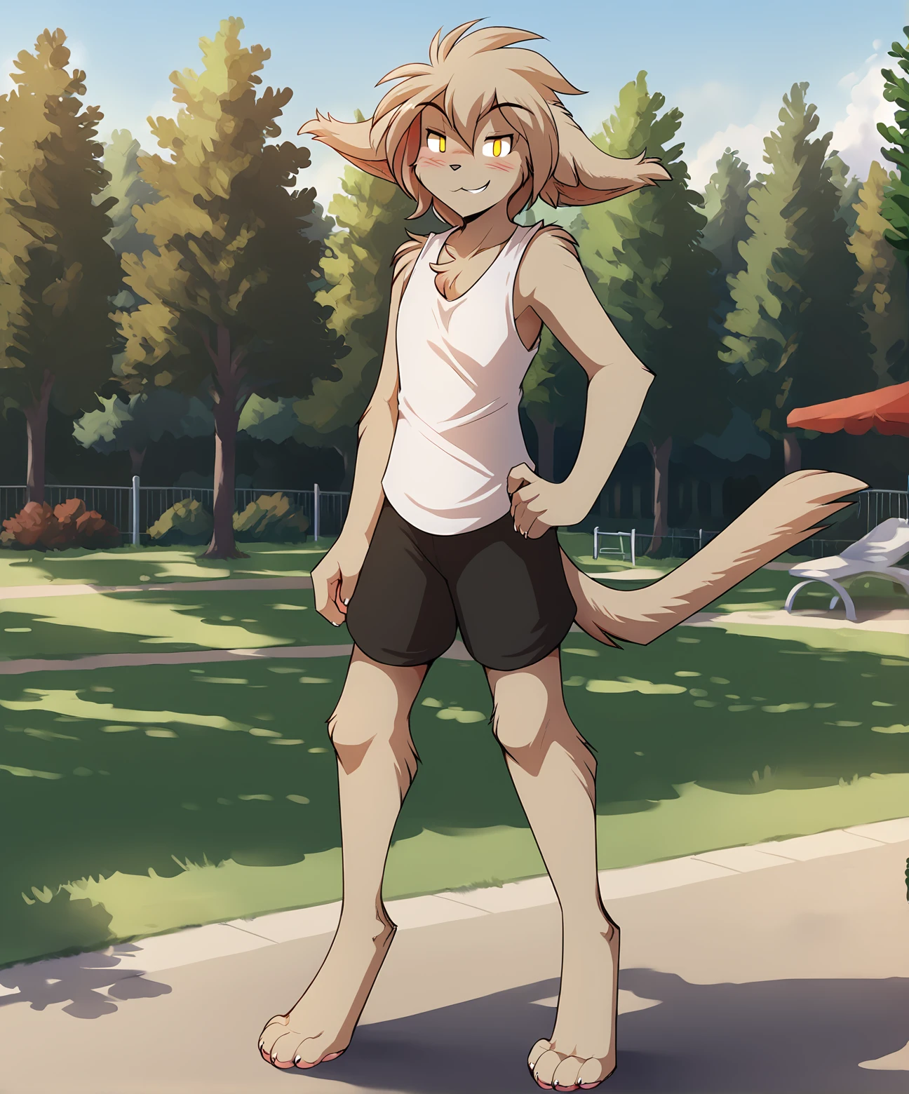 score_9, score_8_up, score_7_up,score_6_up,score_5_up, source_furry, detailed background
BREAK
solo, furry male anthro, medium hair, flat chest, (blushing, seductive, smug), tank top, gym shorts, (outdoors, park), digitigrade
BREAK
<lora:Keith-Twokinds-SDXL-AnonTK-V1:1>, keith-twokinds, basitin, mammal, feline tail