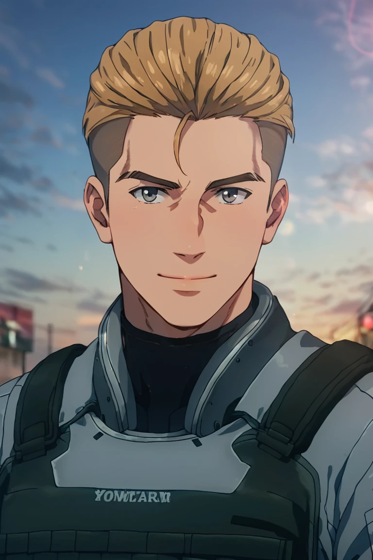 score_9,score_8_up,score_7_up, solo male, Ryoma Arakai \(Brave Bang Bravern\), blond hair, two-tone hair, slicked back hairstyle, undercut, grey eyes, grey pilot jumpsuit, two-tone jumpsuit, black pants, black neckguard, black tactical vest, grey tactical gloves, smile, adult, masculine, tone body, (upperbody, portrait, close-up, headshot), from front, mature, handsome, charming, alluring, masculine, calm, close mouth, look at viewer, perfect anatomy, perfect proportions, best quality, masterpiece, high_resolution, (symmetrical picture, front view), photo background, emotional, harmonious, bokeh, cinemascope, moody, epic, gorgeous, sky, day<lora:EMS-392012-EMS:0.800000>