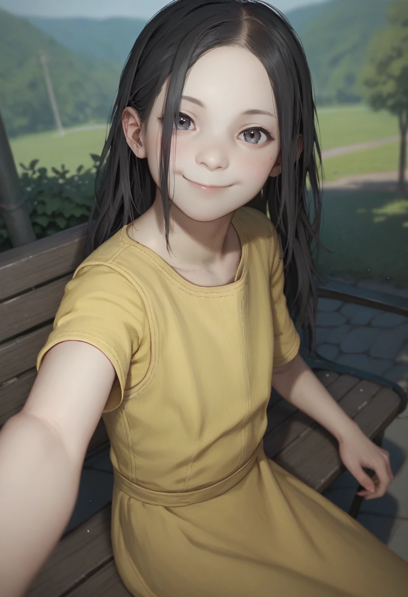 score_9, score_8_up, score_8, source_anime, 1girl, <lora:Eveline:0.8> solo, flat chest, white skin, pale skin, long hair, black hair, yellow dress, short sleeves, smile, blush, sitting on bench, looking at viewer, selfie pose, 
outdoors background,