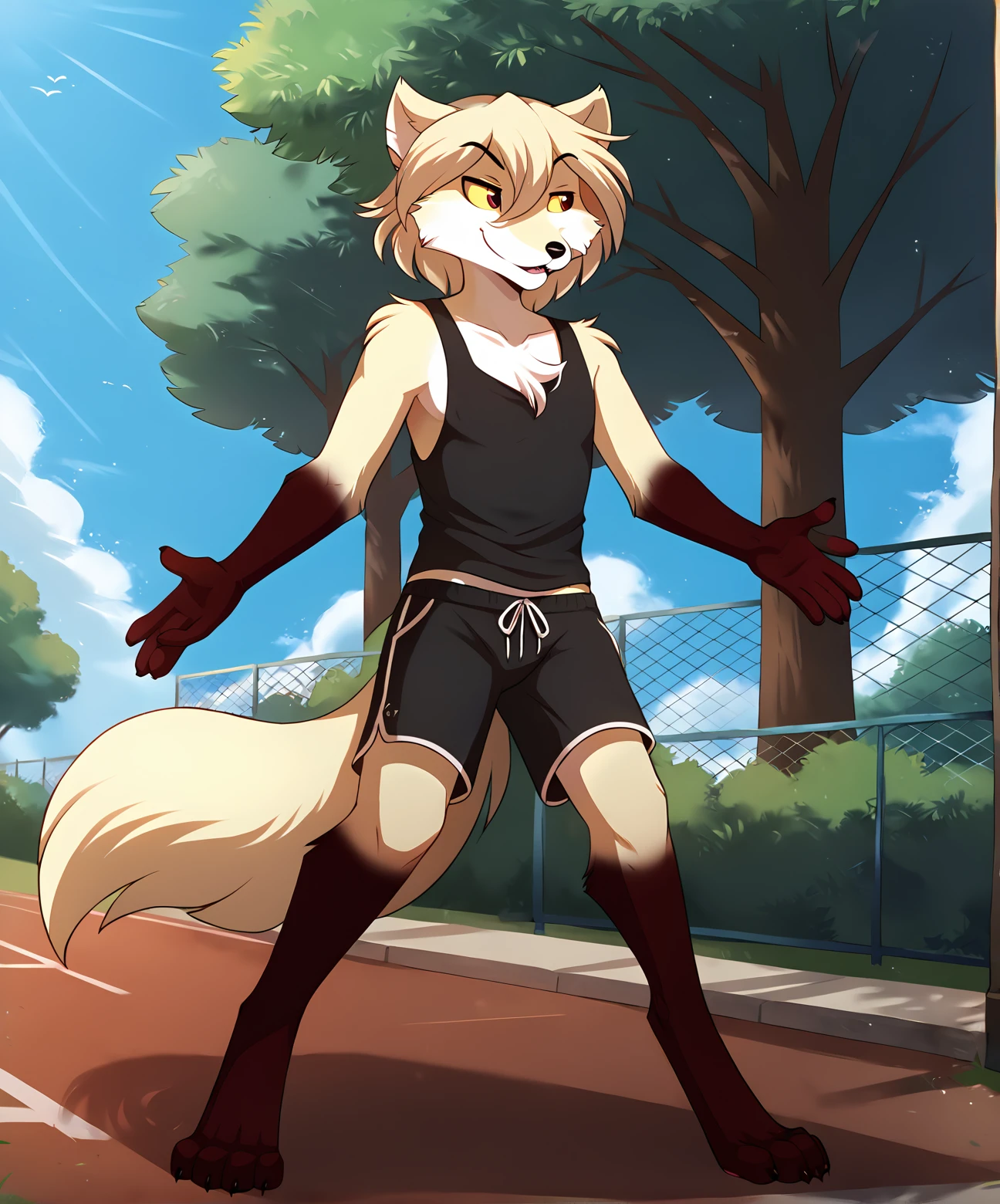 score_9, score_8_up, score_7_up,score_6_up,score_5_up, source_furry
BREAK
solo, furry male anthro, medium hair, flat chest, (smug), tank top, gym shorts, (outdoors, park), upper body shot, digitigrade
BREAK
<lora:Clovis-Twokinds-SDXL-AnonTK-V2:1>, clovis-twokinds, keidran, mammal, fox tail, red eyes, yellow sclera