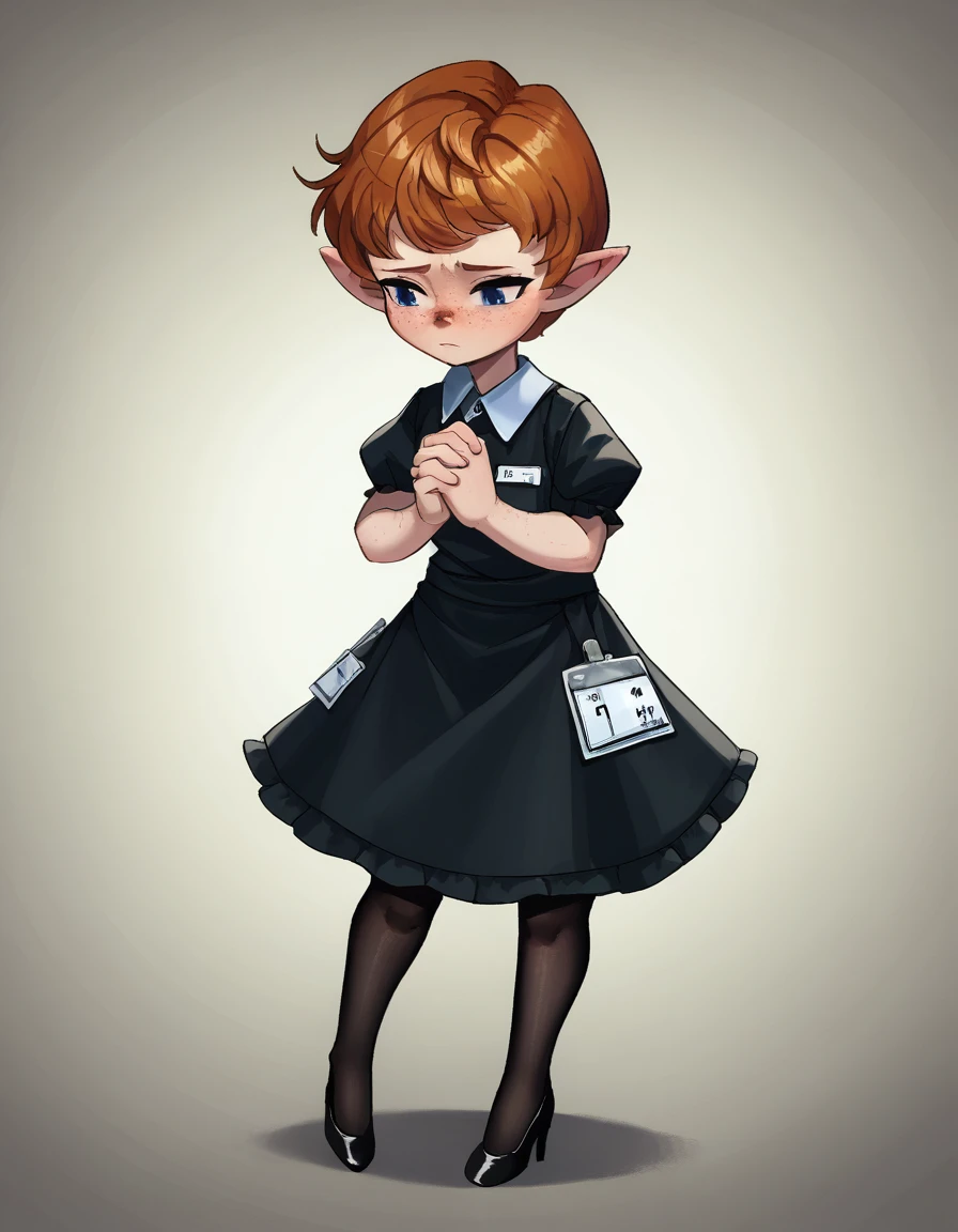 zPDXL, score_9, score_8_up, score_7_up, source_anime,
1girl, solo, <lora:Popipi_v1:0.8> popipi, lalafell, blue eyes, dark nose, freckles, orange hair, short hair, pointy ears,, sad, own_hands_clasped, waitress wearing Stylish black dress with a ruffled neckline, black stockings, black heels, elegant hair comb, wearing a name tag, <lora:peargor_v2:1> prgr