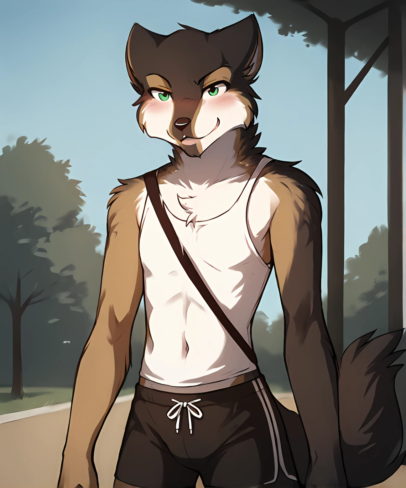 score_9, score_8_up, score_7_up,score_6_up,score_5_up, source_furry
BREAK
solo, furry male anthro, flat chest, (blushing, seductive, smug), (tank top:1.3), gym shorts, (outdoors, park), upper body shot
BREAK
<lora:RomulusRemus-Twokinds-SDXL-AnonTK-V1-000023:1>, romulus-remus-twokinds, keidran, mammal, wolf tail, green eyes, muscular