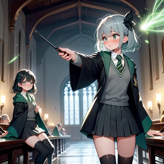 (((masterpiece))), (((best quality))), ((slytherin)), ((avada kedavra)), ((winding current)), ((green light)), (holding wand), wide sleeves, striped necktie, thighhighs, sweater, skirt, robe, hazy, wind, table, window, candle, aisle, great hall, hogwarts school uniform, 2girls, 3girls, gray hair, big tits, sweat, scared, shy, blush, slim figure, <lora:girllikeslytherin:0.8>