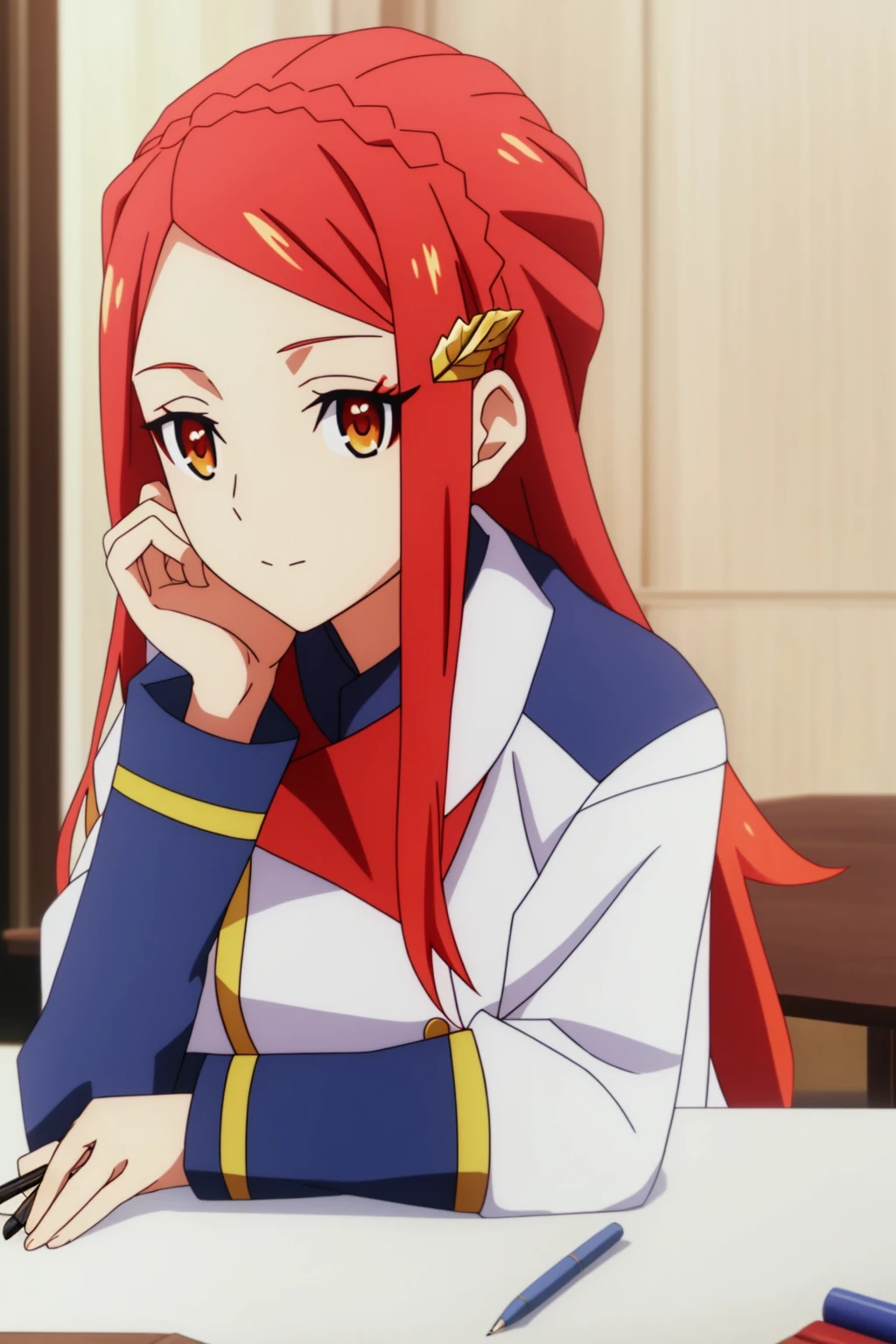 sysdeep_karnatia, 1girl, solo, long_hair, long_sleeves, closed_mouth, sitting, orange_eyes, jacket, upper_body, braid, red_hair, indoors, makeup, table, hand_on_own_face, french_braid, head_rest, crown_braid, pen, holding_pen, holding_pencil, bored, karnatia_uniform