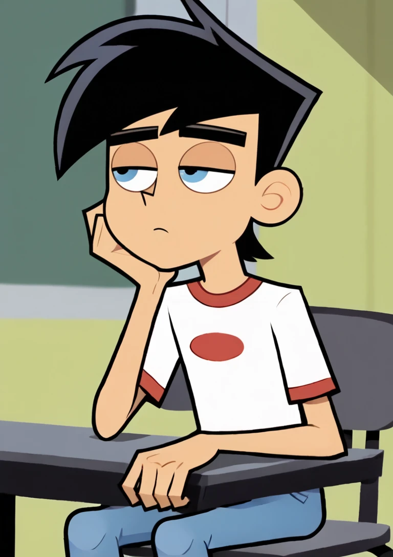 masterpiece,best quality,highres <lora:Danny_fenton_Danny_phantom_for_pony:0.6>,1boy,solo,danny fenton,black hair,short hair,blue eyes, skinny,white shirts, jeans,(parody:0.2) <lora:Lunas-Loodncrood-SDXL-A1:0.6>,school,head_rest,cheek squish,sitting,half closed eyes