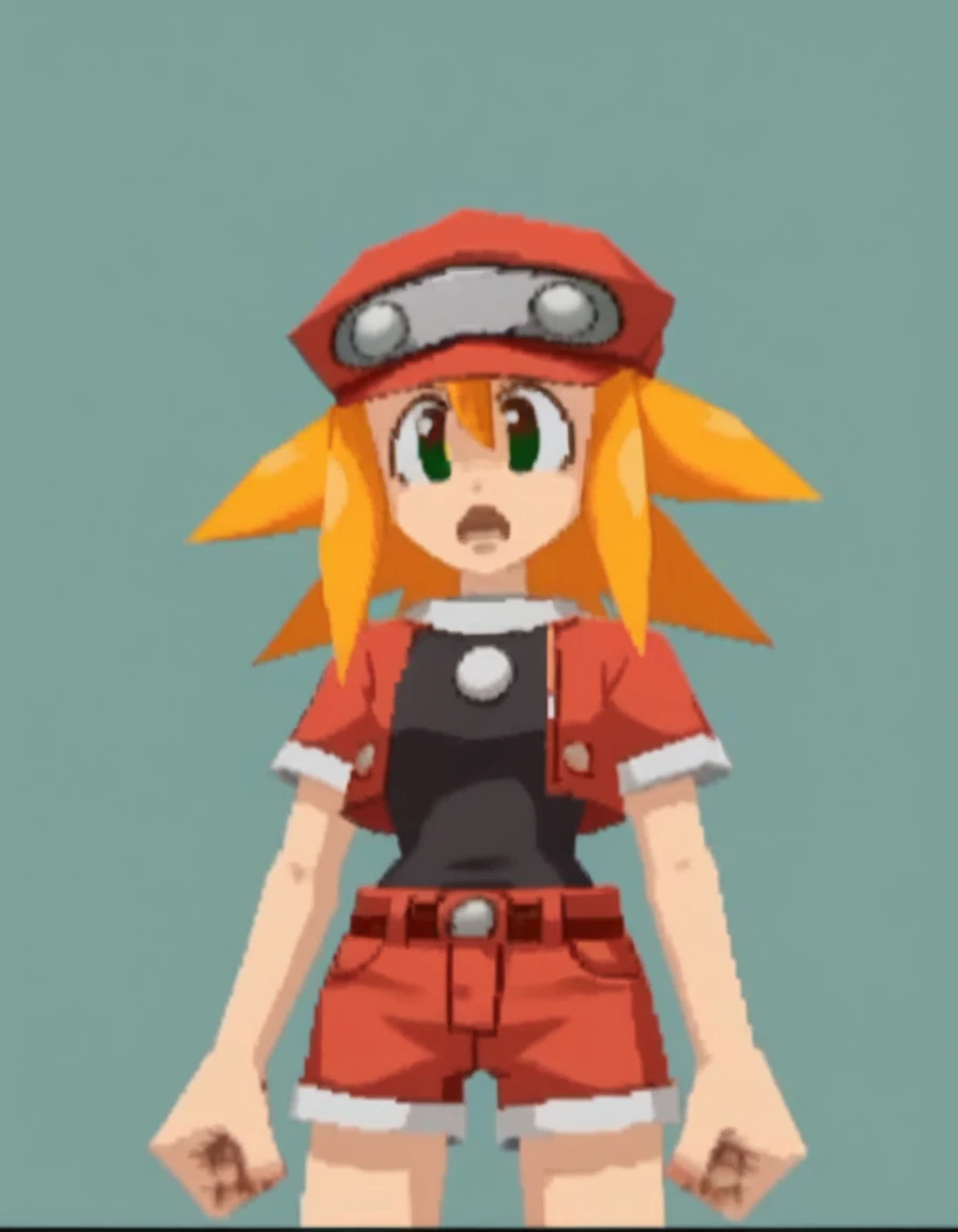 zPDXL, score_9, score_8_up, score_7_up, source_anime, 1girl, solo,
<lora:RockLegend_v1:1> rcklgnd, roll caskett \(mega man\), blonde hair, green eyes, red hair, red jacket, black shirt, red shorts , open mouth, slouching,