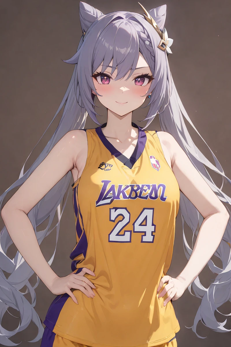 masterpiece, best quality, 1girl, solo,upper body,hands on hips,smile, yellow shirt, basketball uniform,simple background, <lora:No.24 jersey_xl:1>, keqing \(genshin impact\),