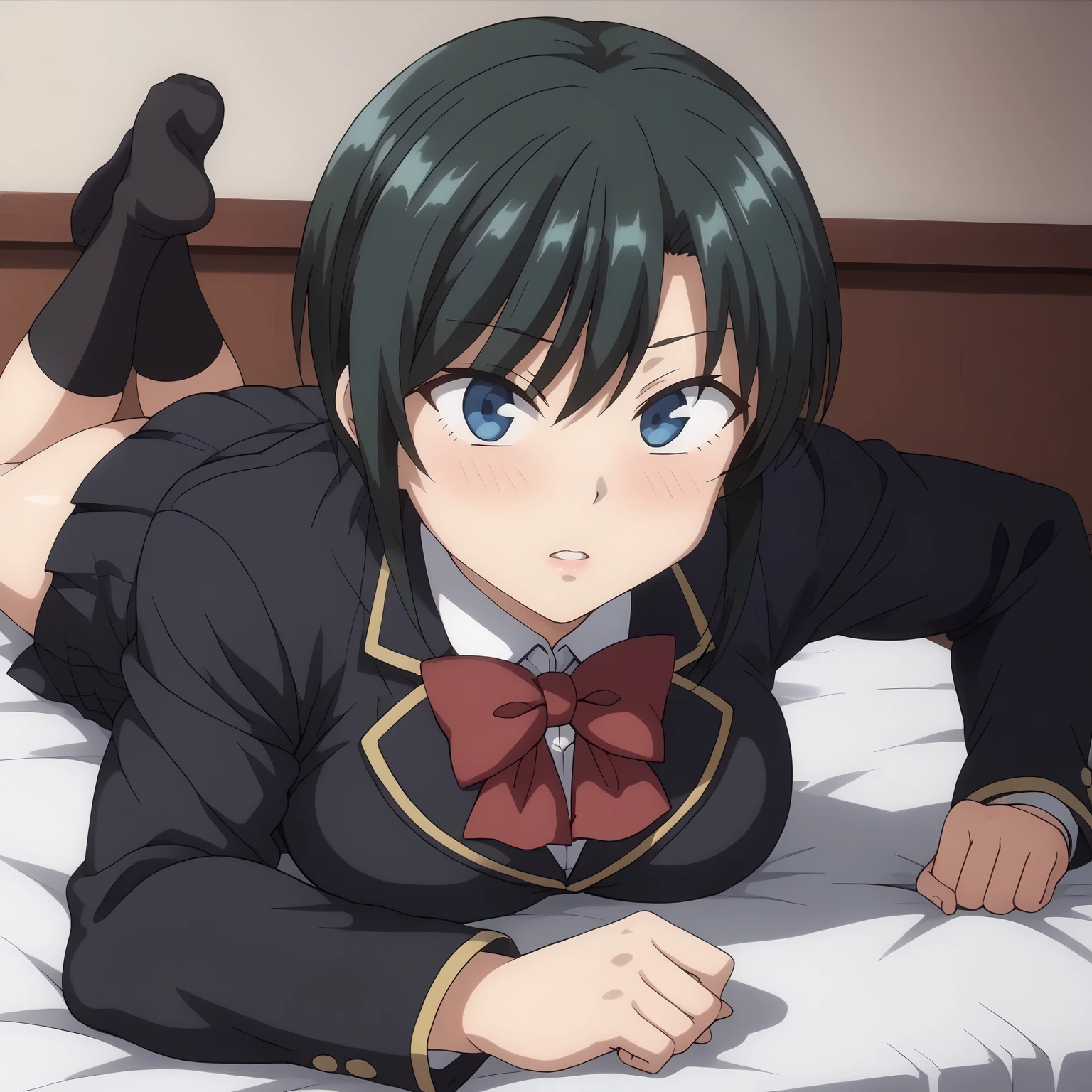 <lora:AkaneHasegawaXLpony001>,
blush,parted lips,
solo,
AkaneHasegawa,1girl,green hair,short hair,sidelocks,blue eyes,
school_uniform,black blazer,red bowtie,
pleated_skirt,black skirt,
black socks,
on stomach,the_pose,