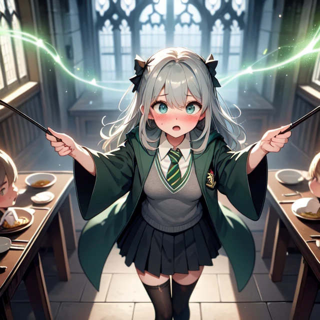 (((masterpiece))), (((best quality))), ((from above)), ((slytherin)), ((avada kedavra)), ((winding current)), ((green light)), (holding wand), wide sleeves, striped necktie, thighhighs, sweater, skirt, robe, hazy, wind, table, window, candle, aisle, great hall, hogwarts school uniform, multiple girls, gray hair, big tits, sweat, scared, shy, blush, slim figure, <lora:girllikeslytherin:0.8>