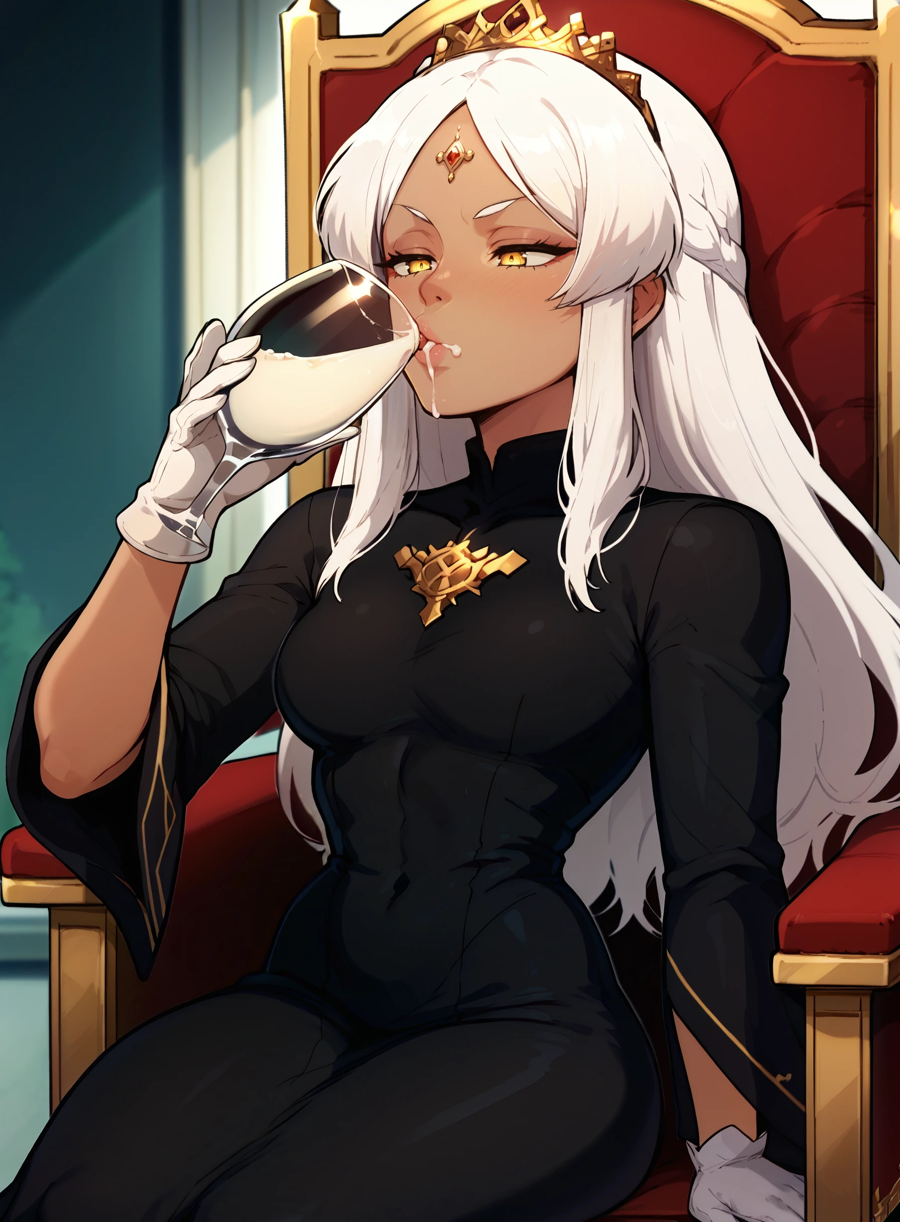 score_9, score_8_up, score_7_up, score_6_up, source_anime, cum in container, anime, yellow eyes, 2d, 1girl, solo, noble, half-closed eyes, cum in container, drinking, cumchug, wine glass, white gloves, black dress,, golden tiara, dark-skinned female, white hair, straight hair, long hair, straight bangs, (gokkun),sitting, on throne, expressionless, looking down, castle interior background, <lora:AfrobullLycoXL:0.5> <lora:Bluethebone_Style_PonyXL:0.6> <lora:Cum_Chugging_3:1>