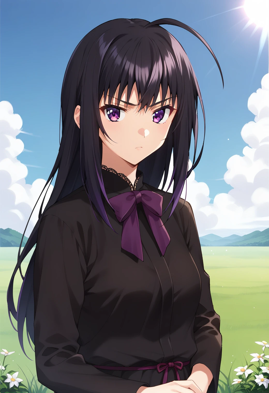 1girl, solo, (field:1.2), (sky:1.2), (sunlight:1.2), upper body, serious,
ever17_tugumi, purple eyes, black hair, long hair, ahoge, bowtie, black dress, long sleeves, lace, <lora:ever17_tugumi_pony_ver1:0.8>, score_9, score_8_up, score_7_up, BREAK source_anime, best quality, uncensored,