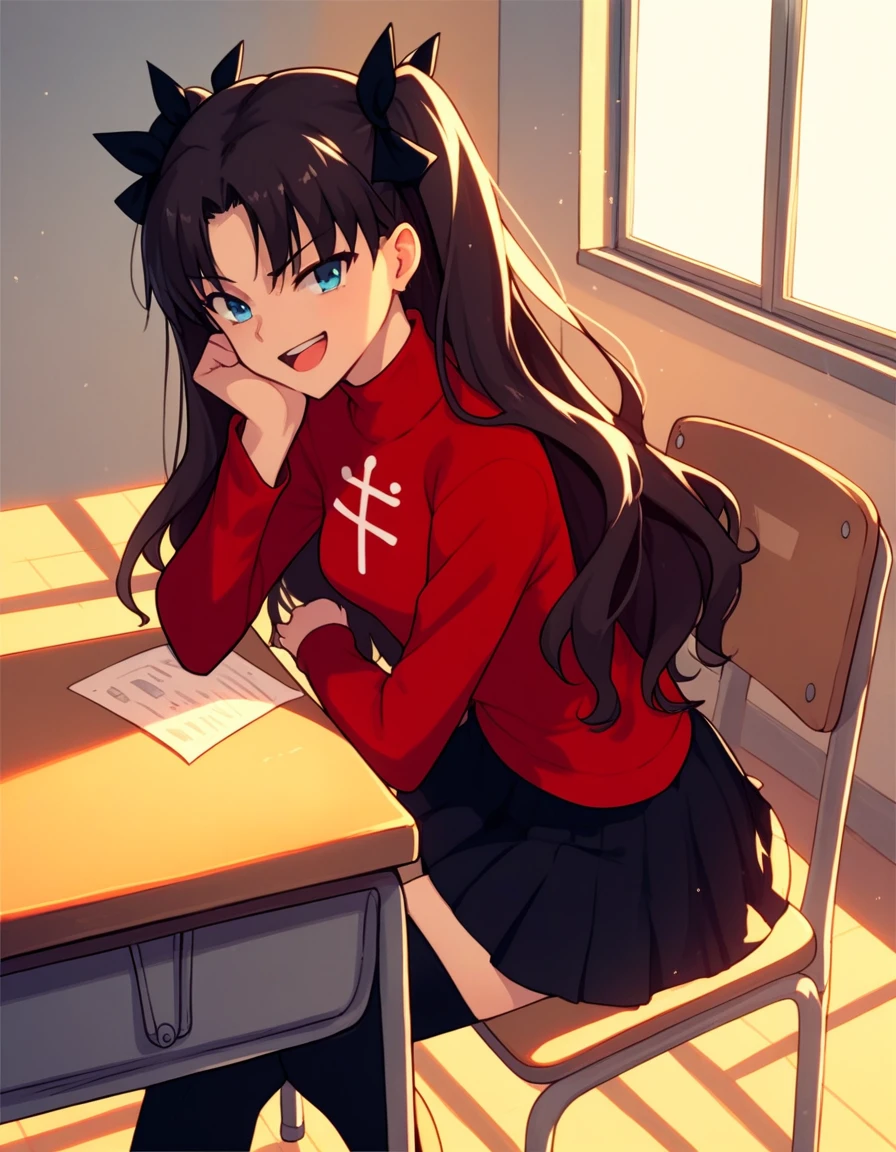 score_9, score_8_up, score_7_up, source_anime, <lora:confetti-extract-ponyxl:1> 1girl, solo, tohsaka rin, red turtleneck, black skirt, thighhighs, zettai ryouiki, shadow, chair, school desk, sitting, sunset, classroom, open mouth, smug, cinematic lighting