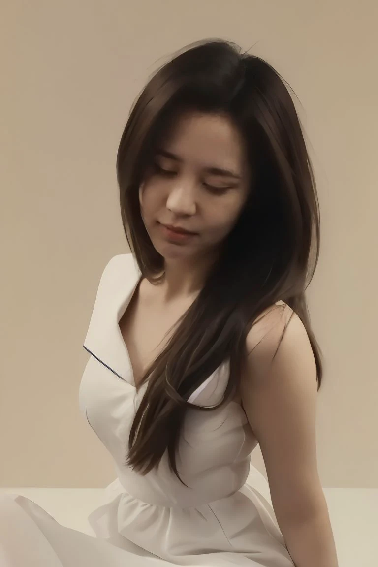 1girl, solo, medium breasts, looking at viewer, realistic, photorealistic, long hair, black hair, hyper detailed, super sharp, crisp, smooth, smooth gradients, depth of field, (in studio: 1.1), (white background: 1.1), <lora:91porn_chuizitanhua_04:1>, <lora:breastsizeslideroffset:-0.25>, <lora:skin_slider_v2_1_FACE:1>, <lora:add_detail_v5:1>, (pussy: 1.1), (sfw), white sailor dress, (open eyes:1.3)