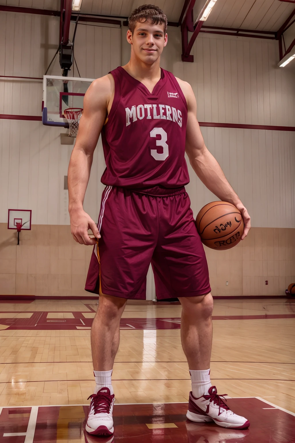 gym basketball court, high ceiling, hot and sweaty, slightly smiling, CMWyatt is a basketballplayer, wearing maroon basketball uniform, (maroon jersey), jersey number 5, maroon shorts, white socks, maroon hightop nike sneakers, ball, (((full body portrait))), wide angle <lora:CMWyatt:0.8> <lora:Clothing - Sexy Basketball Player:0.55>