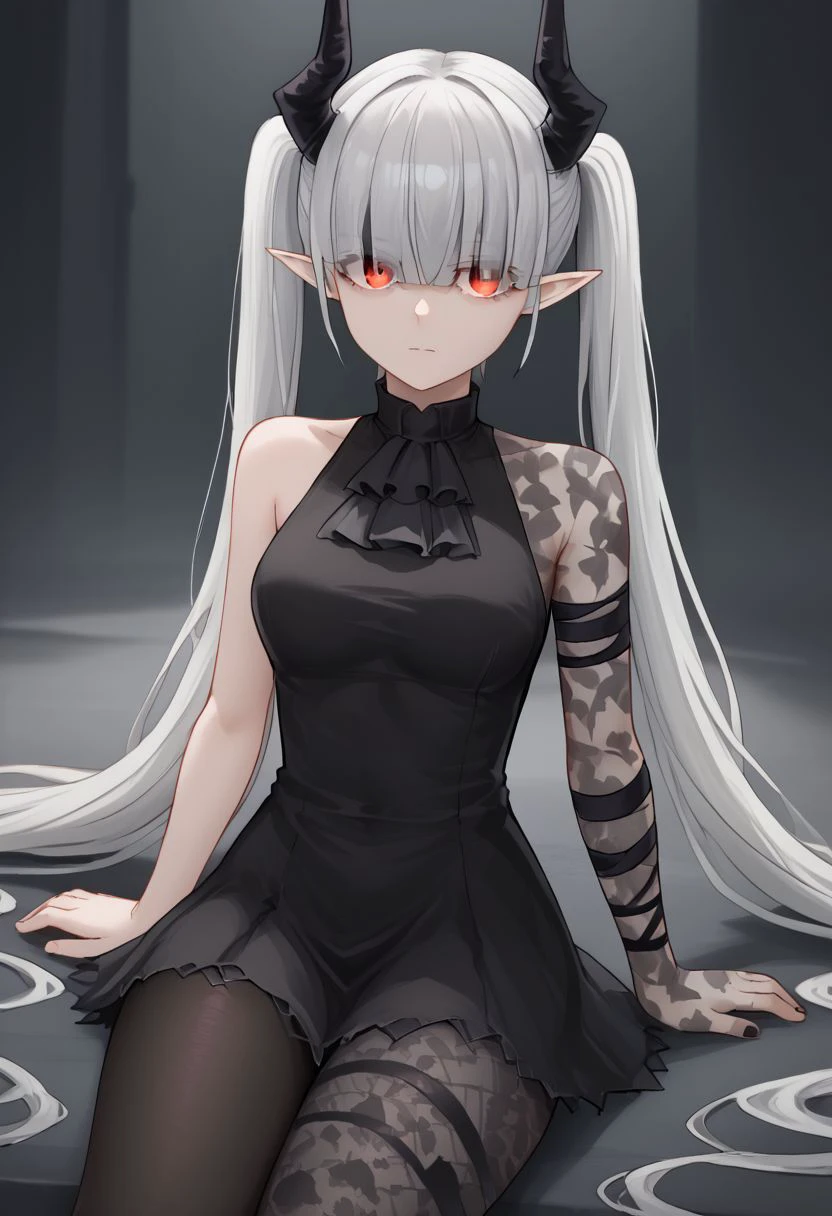 1girl, solo, black dress, single leg pantyhose, asymmetrical clothes, patterned clothes, single sleeve, black sock, kneehigh, black footwear, high heels, black ascot, hair over eyes, eyes visible through hair, demon horns, blunt bangs, red eyes, pointy ears, pale skin, white hair, grey hair, twintails