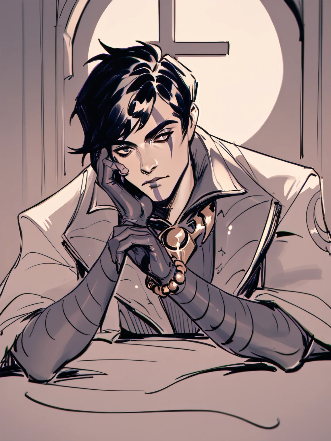 score_9, score_8_up, score_7_up, Aphelios, 1man, solo, black hair, face makeup, robe, golden neackle, black gloves, bracelet, black pants, resting his hand on his cheek, looking bored, darkest night, room, moon in window, evil smirk, <lora:ApheliosNormal:1> , w3ssb3ch3r, sketch <lora:w3ssb3ch3rXLP:0.8>