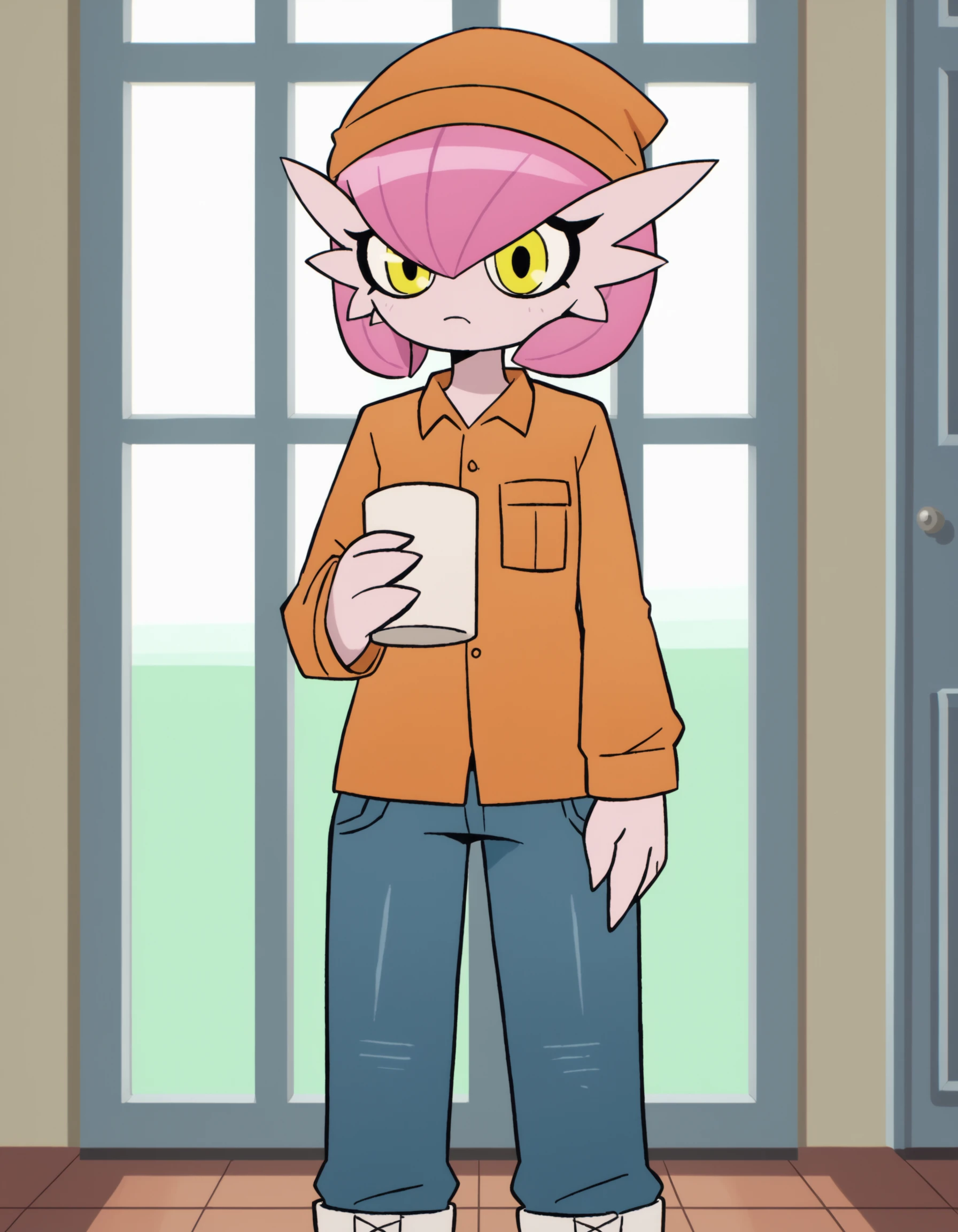 zPDXL, score_9, score_8_up, score_7_up, source_anime,
1girl, solo, <lora:Petunia_v2:0.8> petunia, pink hair, pokemon \(creature\), colored skin, gardevoir, short hair, white skin, flat chest, alternate color, yellow eyes,, prison inmate wearing brown prison uniform with long-sleeve shirt, drawstring pants,plain beanie, white boots, carrying a plastic mug ,  <lora:ScottP-v2-3:0.8> scttp