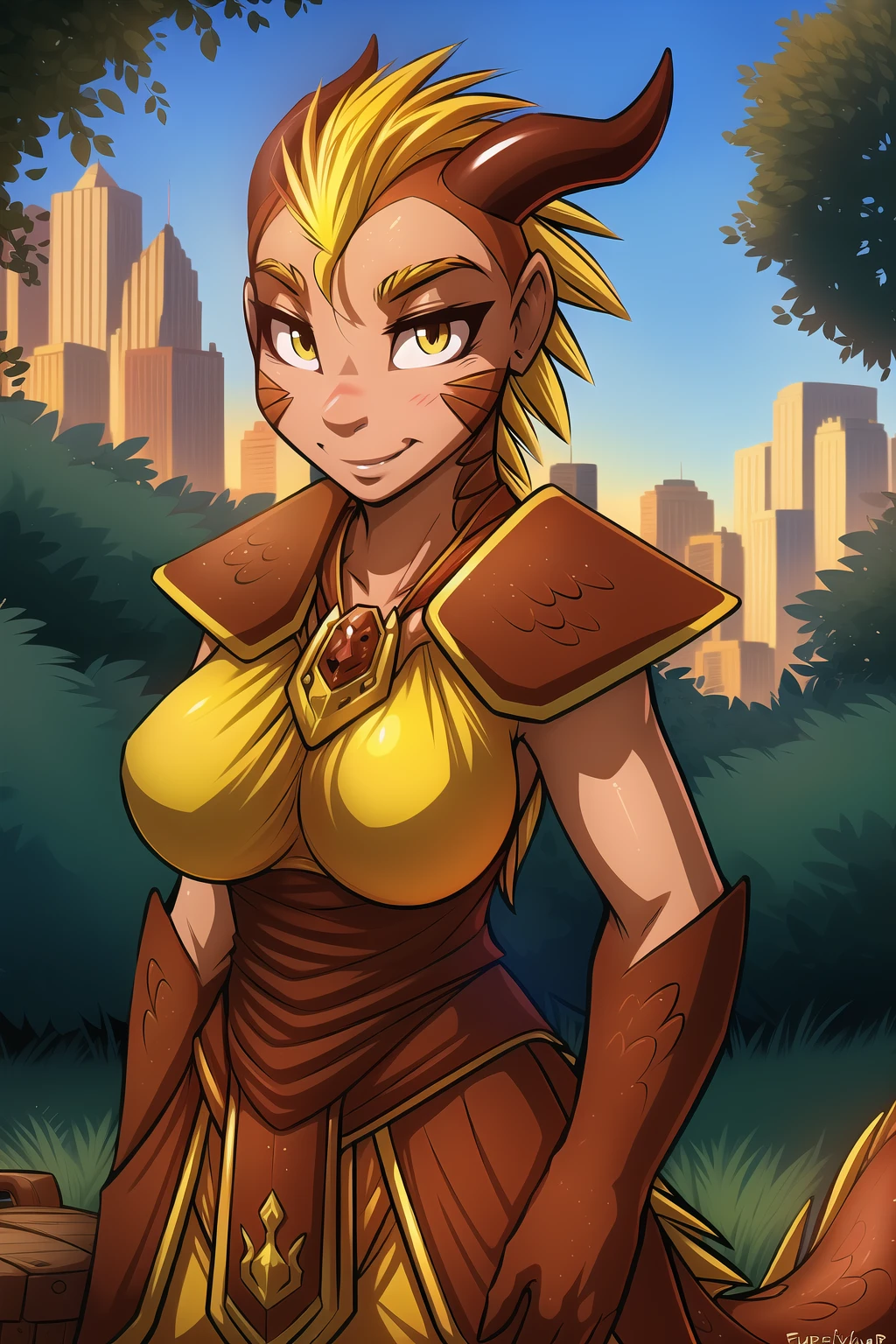 solo, female scalie, scale texture, dragon humanoid, dragon tail, dragon mane, horn, large breasts, yellow eyes, (blushing, half closed eyes, seductive gaze), (armor pauldron), (outdoors, park)
BRAKE
by zackary911, (by fluff-kevlar:1.2), by wizzikt, by ruaidri, by braeburned, by вacad, by zaush, (by tom fischbach:1.1), masterpiece, <lora:seraphina-v3-fluffyrock-000012:1>