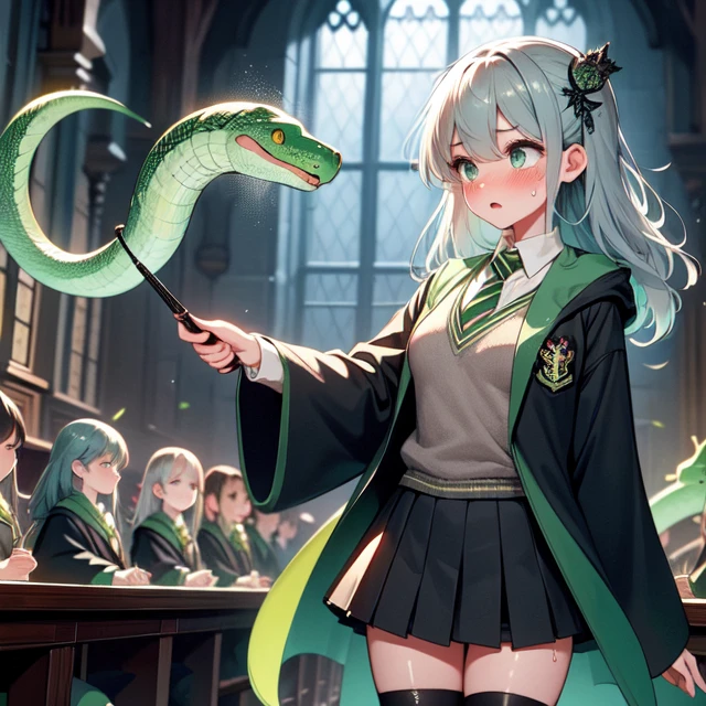 (((masterpiece))), (((best quality))), ((serpent)), ((slytherin)), ((avada kedavra)), ((winding current)), ((green light)), (holding wand), wide sleeves, striped necktie, thighhighs, sweater, skirt, robe, hazy, wind, table, window, candle, aisle, great hall, hogwarts school uniform, multiple girls, gray hair, big tits, sweat, scared, shy, blush, slim figure, <lora:girllikeslytherin:0.8>