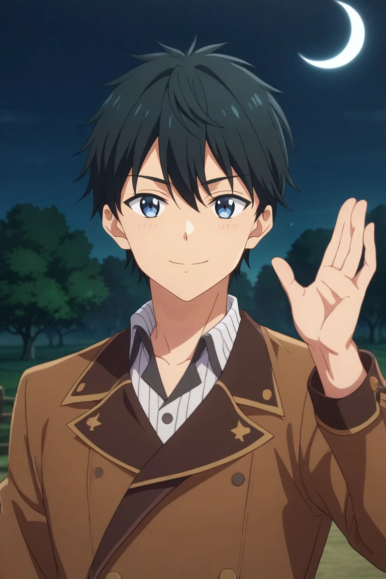 score_9, score_8_up, score_7_up, source_anime, rating_safe, intricate details, anime screencap, anime coloring, , , , 1boy, solo, male focus, <lora:masamune_makabe_pony:0.88>, masamune_makabe, black hair, blue eyes, short hair, hair between eyes, bangs, close-up, farm, plantation, night, crescent moon, waving, naughty smile, pirate costume, <lora:sdxl_lightning_8step_lora:1>