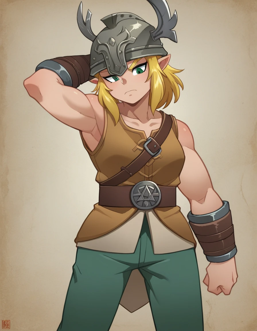 zPDXL, score_9, score_8_up, score_7_up, source_anime,
1girl, solo, distracted, aloof, oblivious, (arm behind head), viking wearing Seafaring raider ensemble with hide vest, linen tunic, hide bracers, linen trousers, hide boots, boar-crested helmet, (steadicam shot),
<lora:Bleedman_v2:0.8> bldmn, Zelda, blonde hair