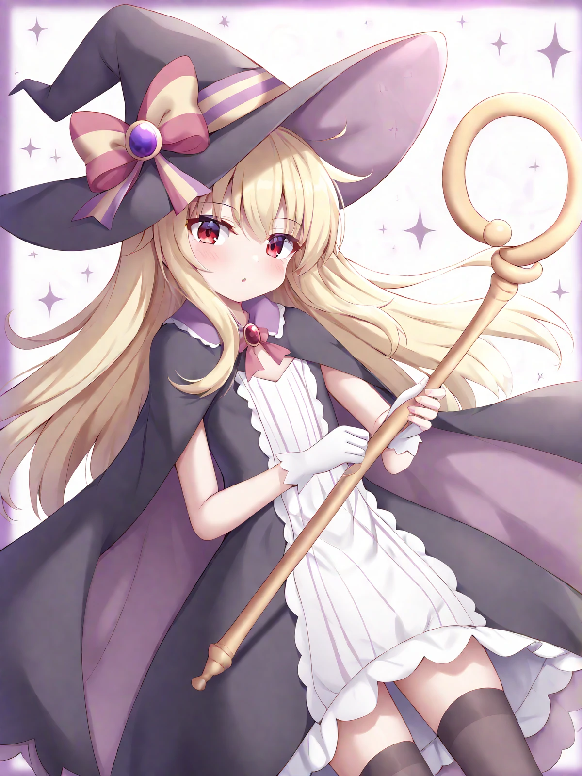 Holding scepter, Red eyes, best quality, masterpiece, Witch hat, blonde, long hair, black dress, stockings, <lora:nobeta:0.7>, nobeta, Hires, Coco, toosaka asagi