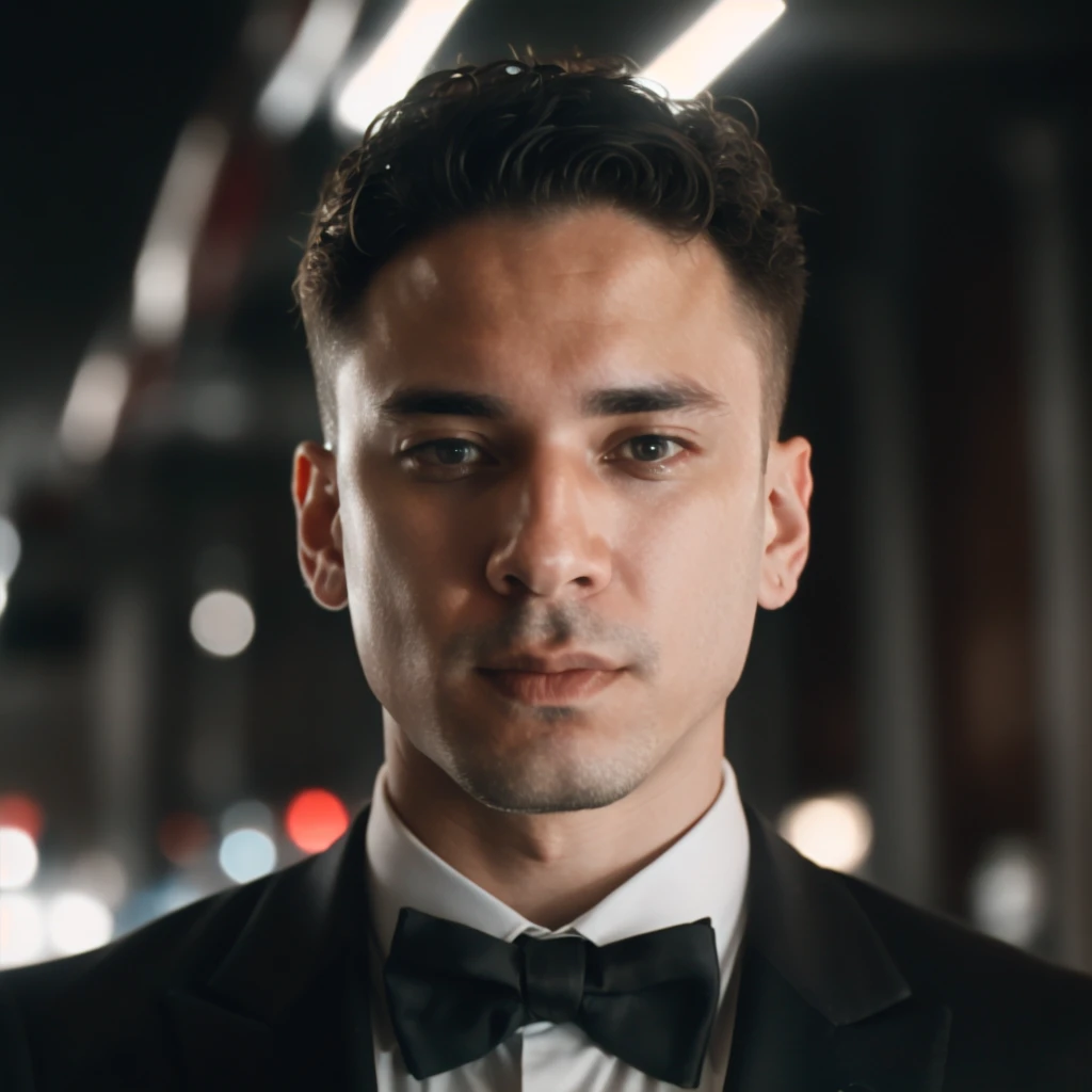 DLSR photo of richiears person using a tuxedo, face portrait, in blade runner, daylight, professional photography, high resolution, detailed photo, RAW, still film, f/16, uhd, hdr, 4k <lora:richiears_23400:1>